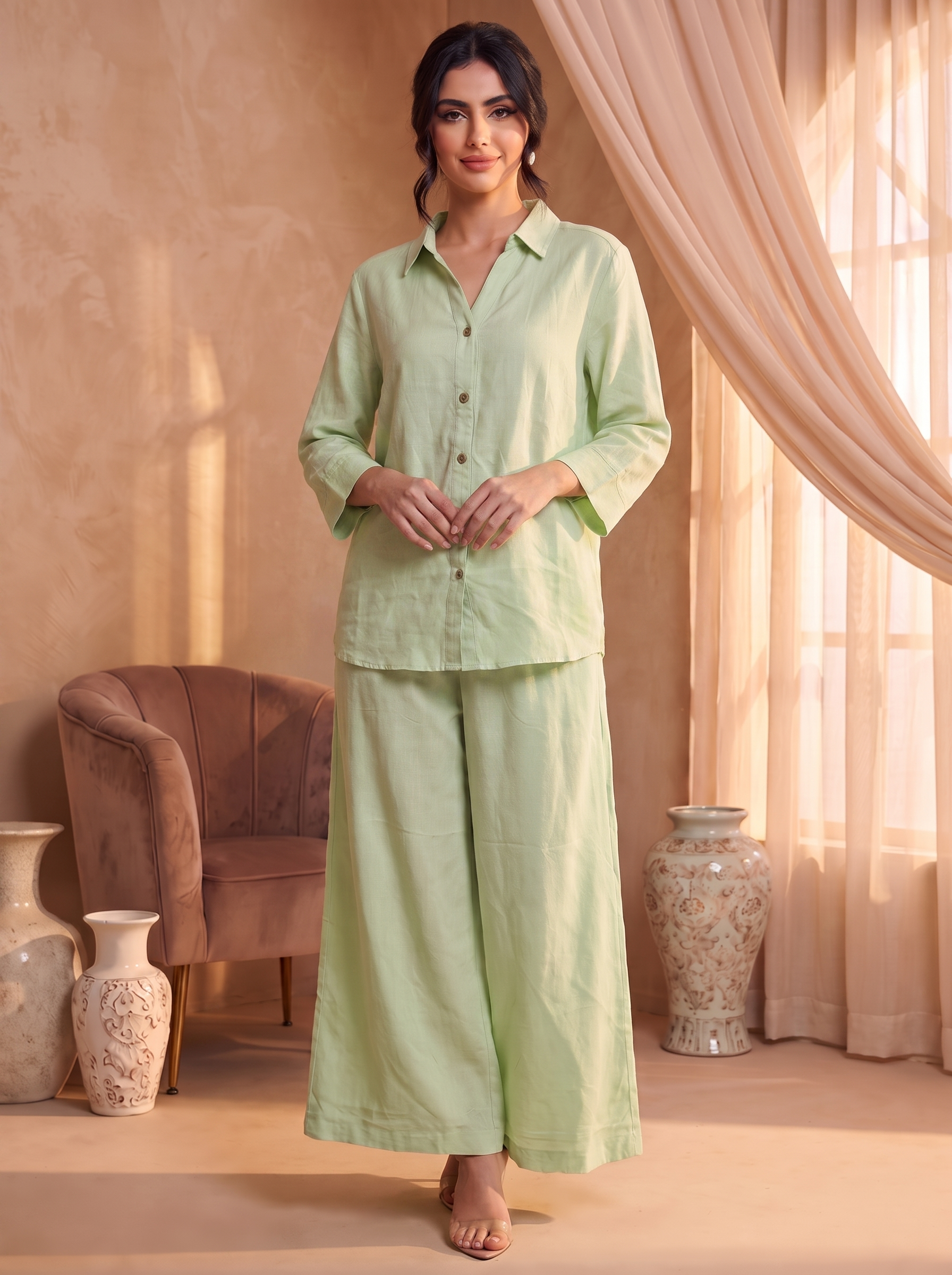 Women’s Elegant Two-Piece Button-Down Top & Wide-Leg Trouser Set