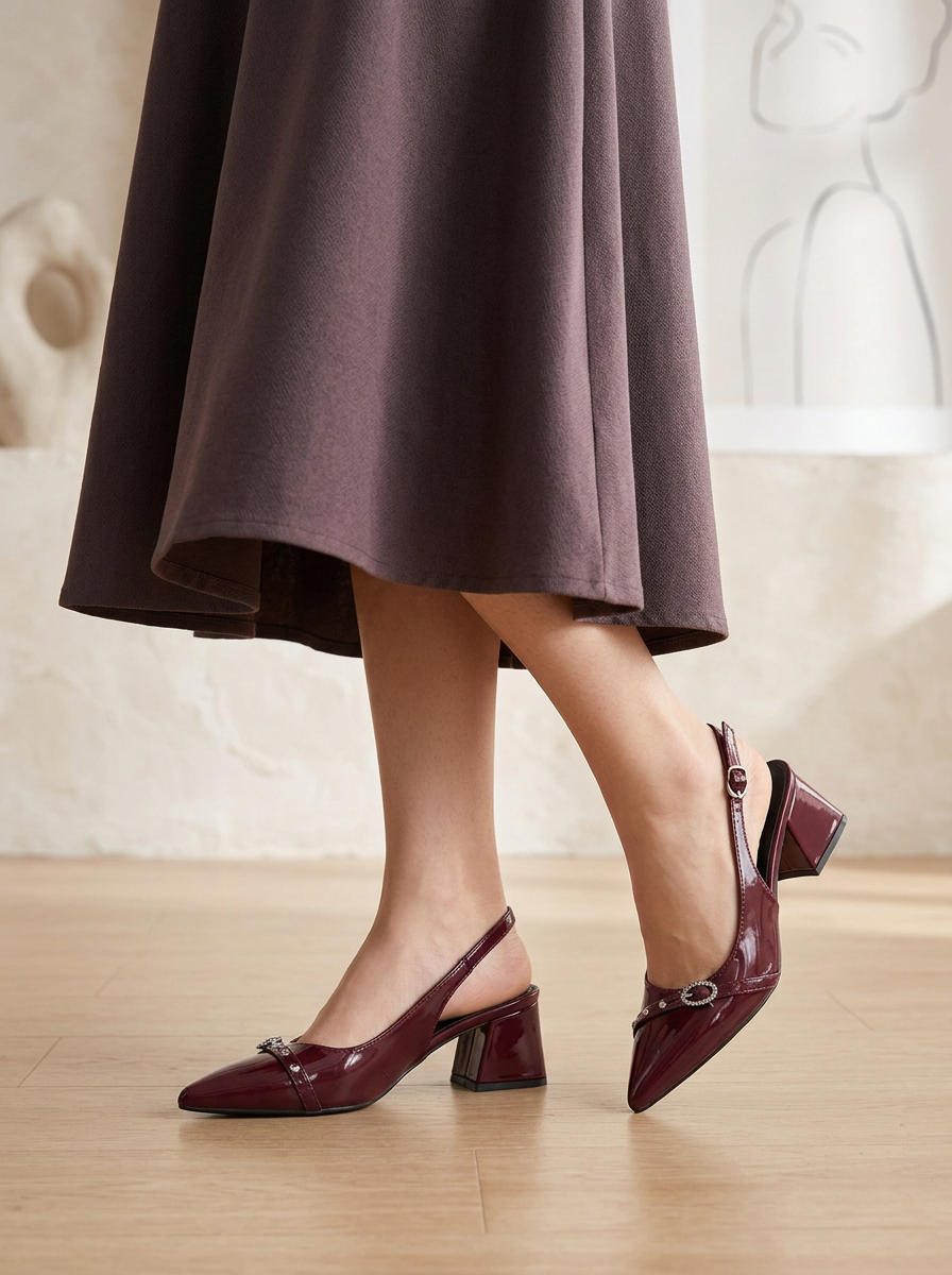 Women's Maroon Patent Pointed-Toe Slingback Heels - Rhinestone Buckle Block Heel Pumps