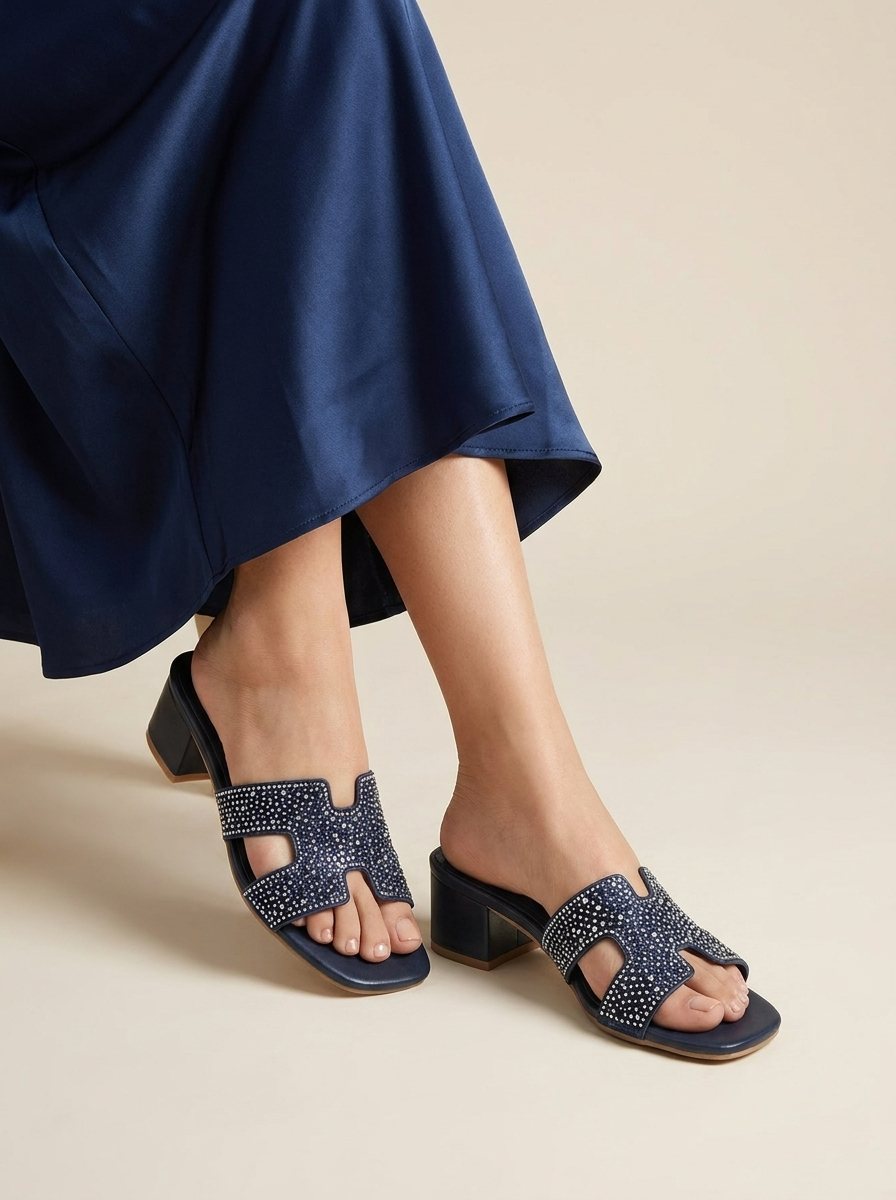 Women's Navy Blue Rhinestone Cutout Low Block Heel Slide Sandals - Sparkly Square Toe Mules