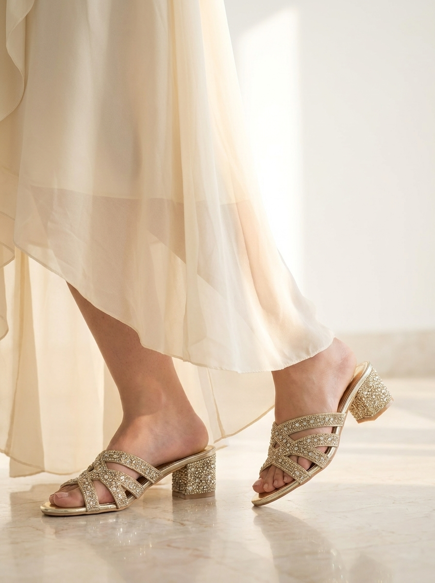 Women's Golden Rhinestone Crisscross Mule Sandals - Embellished Low Block Heel Slide Pumps