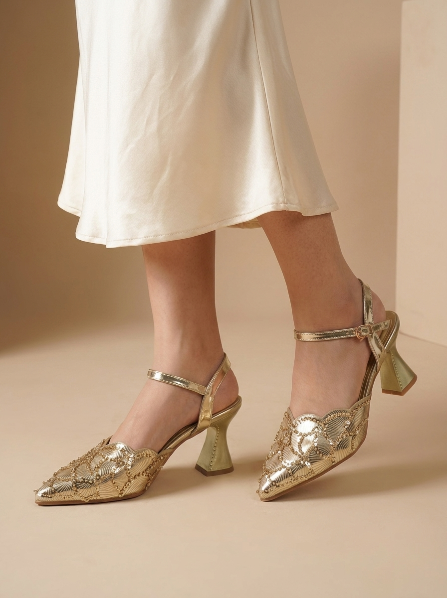 Women's Gold Sequin Pointed-Toe Slingback Heels - Sculpted Mid Block Heel Party Pumps