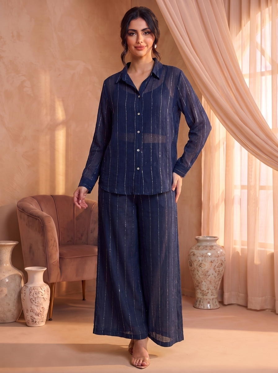 Women's Semi-Sheer Metallic Pinstripe 2-Piece Shirt & Wide-Leg Pant Set - Lightweight Summer Co-Ord Set