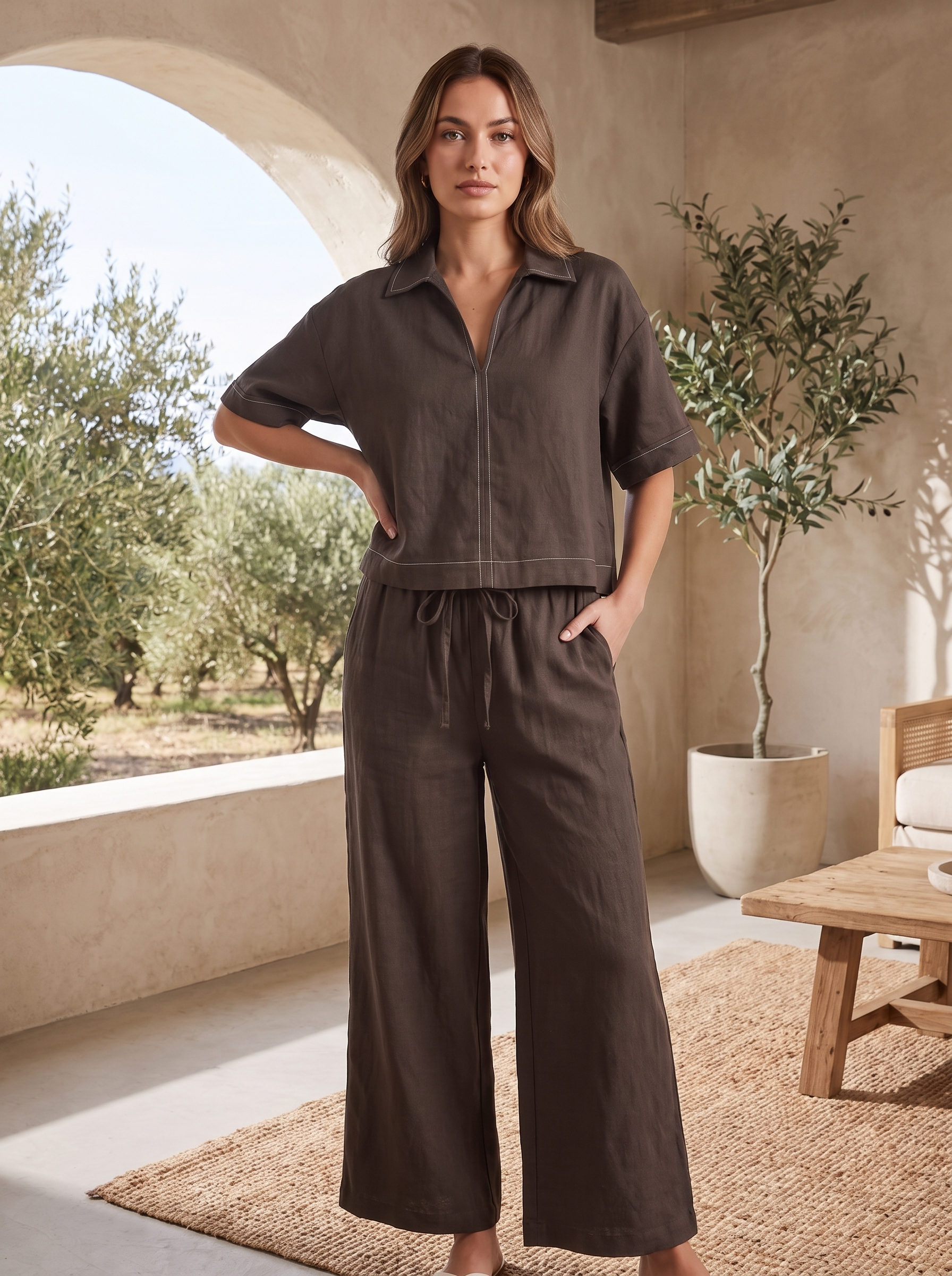 Women’s Two-Piece Short-Sleeve Top and Wide-Leg Pants Set – Dark Brown Casual Lounge Set