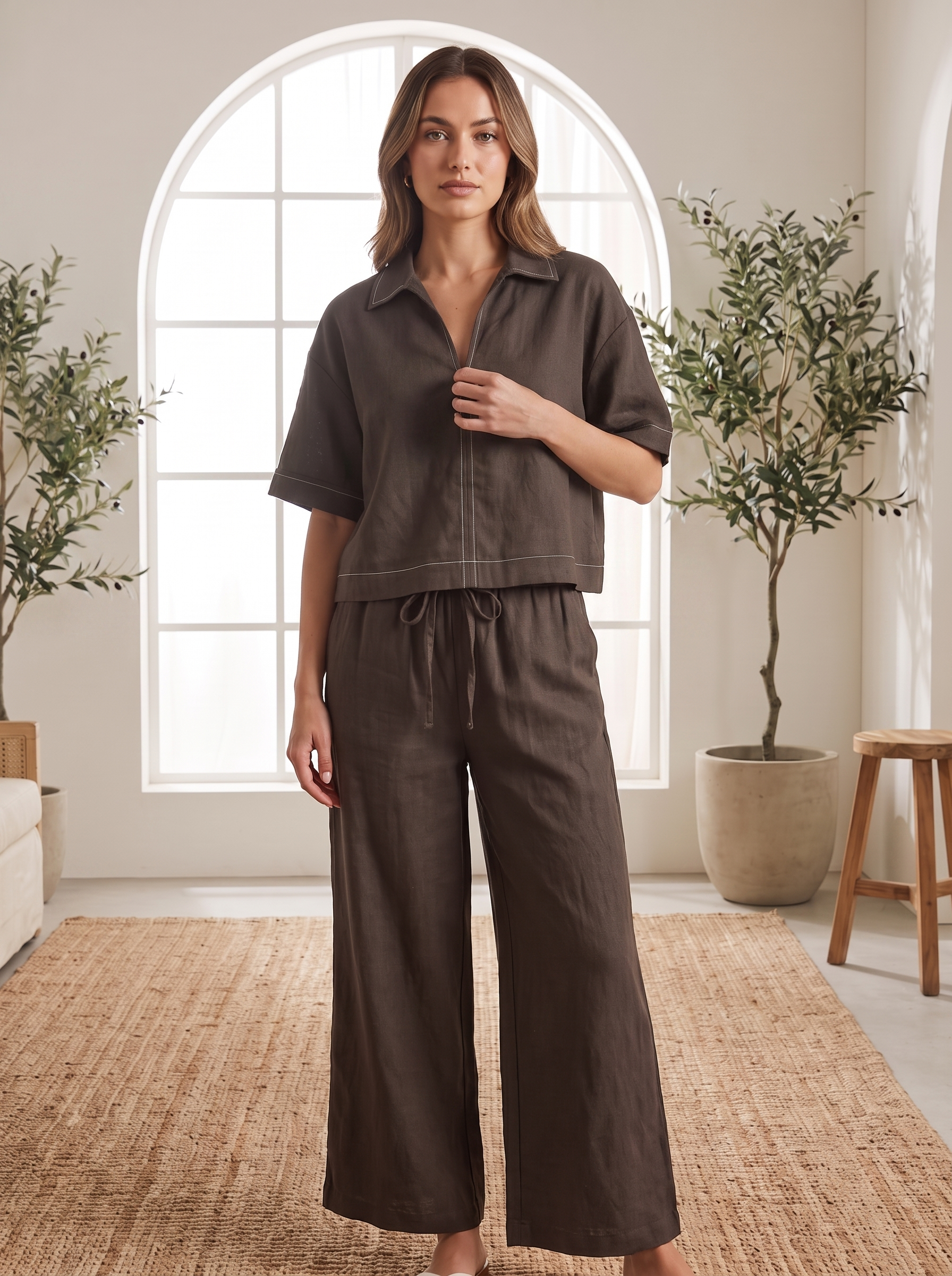 Women’s Two-Piece Short-Sleeve Top and Wide-Leg Pants Set – Dark Brown Casual Lounge Set