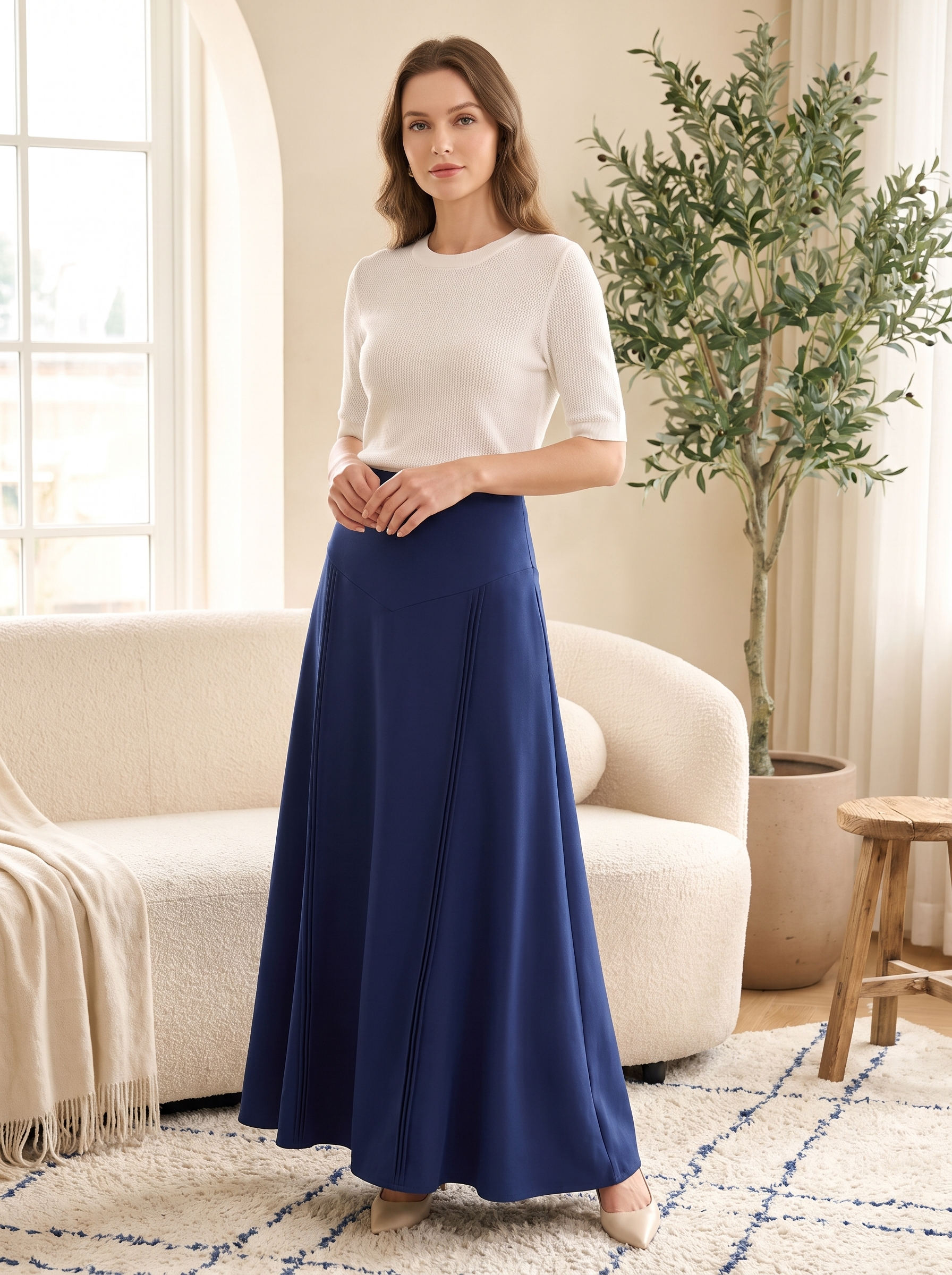 Women’s Elegant High-Waist Pleated Maxi Skirt – Solid Color Flared Long Skirt