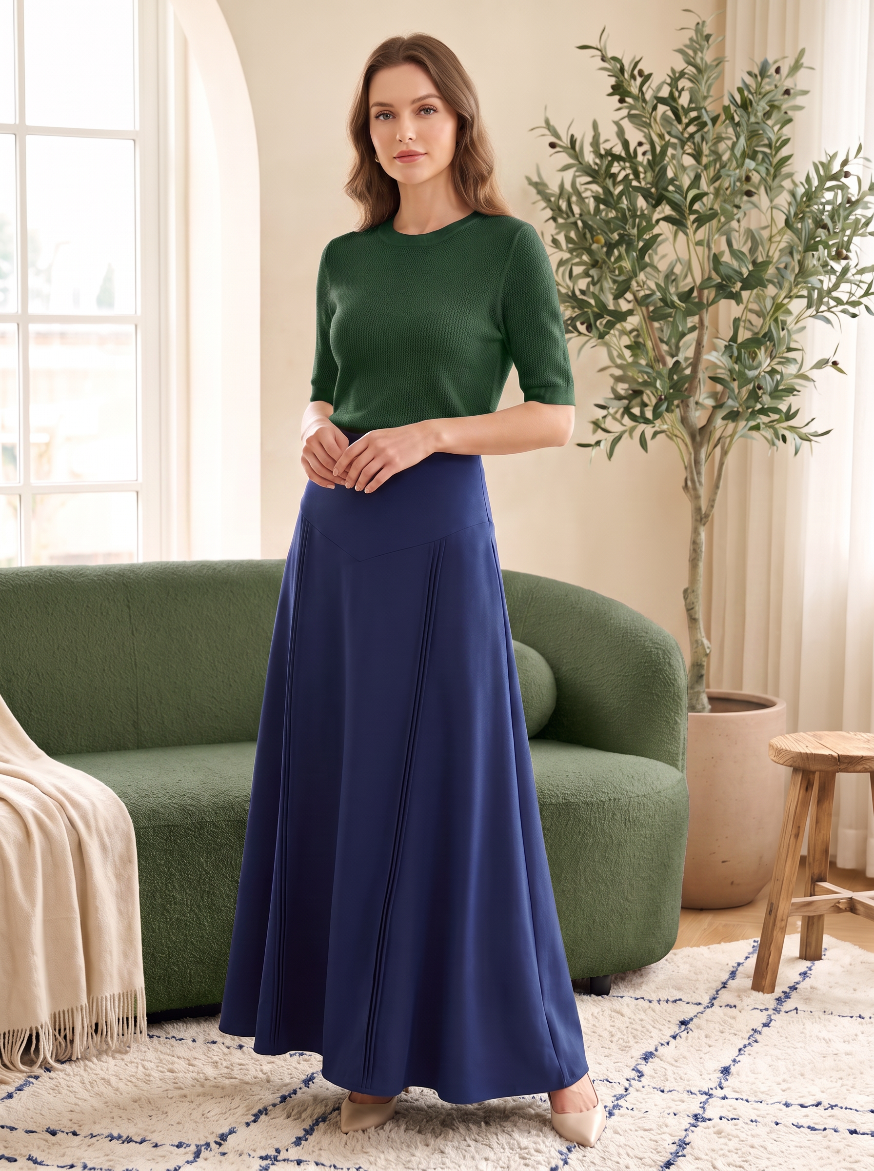 Women’s Elegant High-Waist Pleated Maxi Skirt – Solid Color Flared Long Skirt