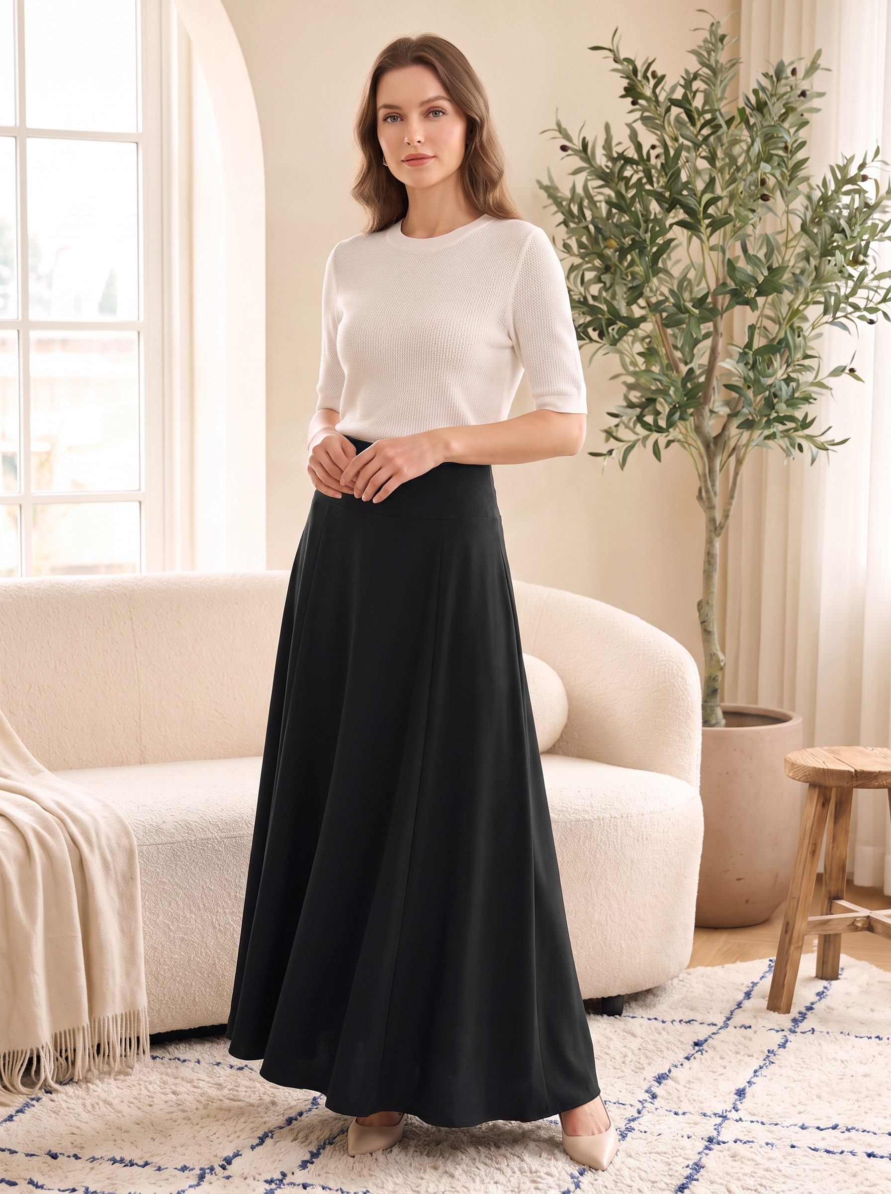 Women’s Elegant High-Waist Pleated Maxi Skirt – Solid Color Flared Long Skirt