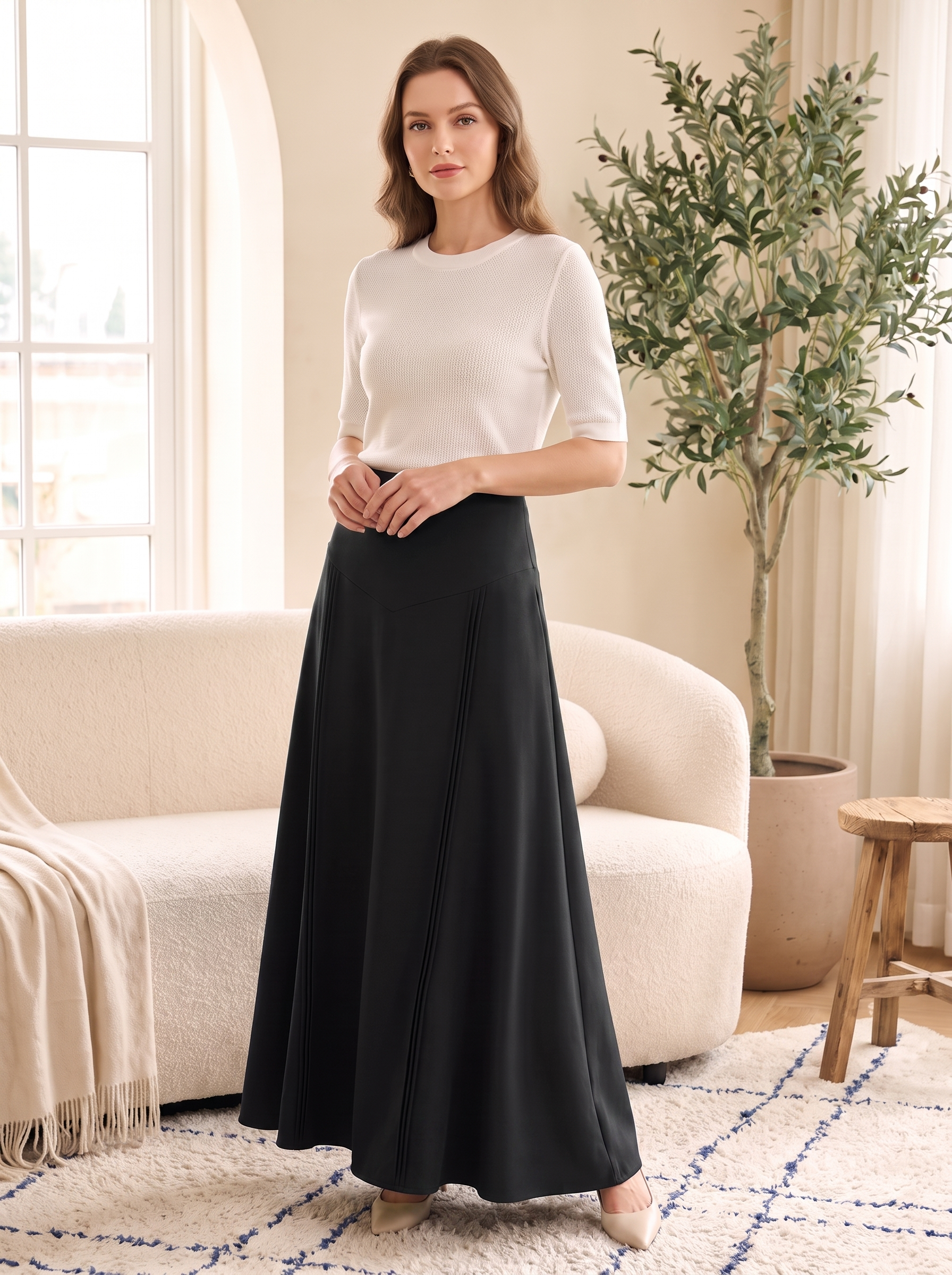 Women’s Elegant High-Waist Pleated Maxi Skirt – Solid Color Flared Long Skirt