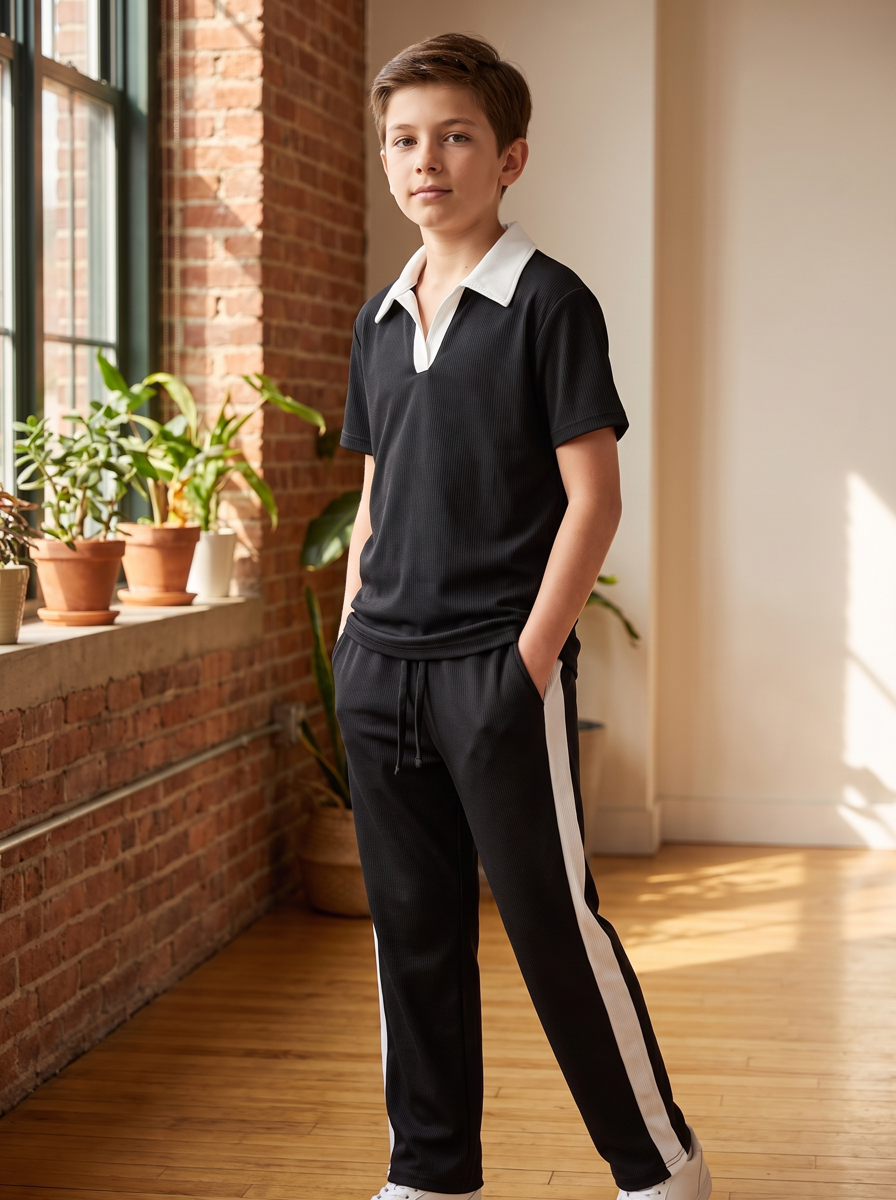 Boys’ Two-Piece Short-Sleeve Polo and Track Pants Lounge Set – Contrast Trim Casual Outfit