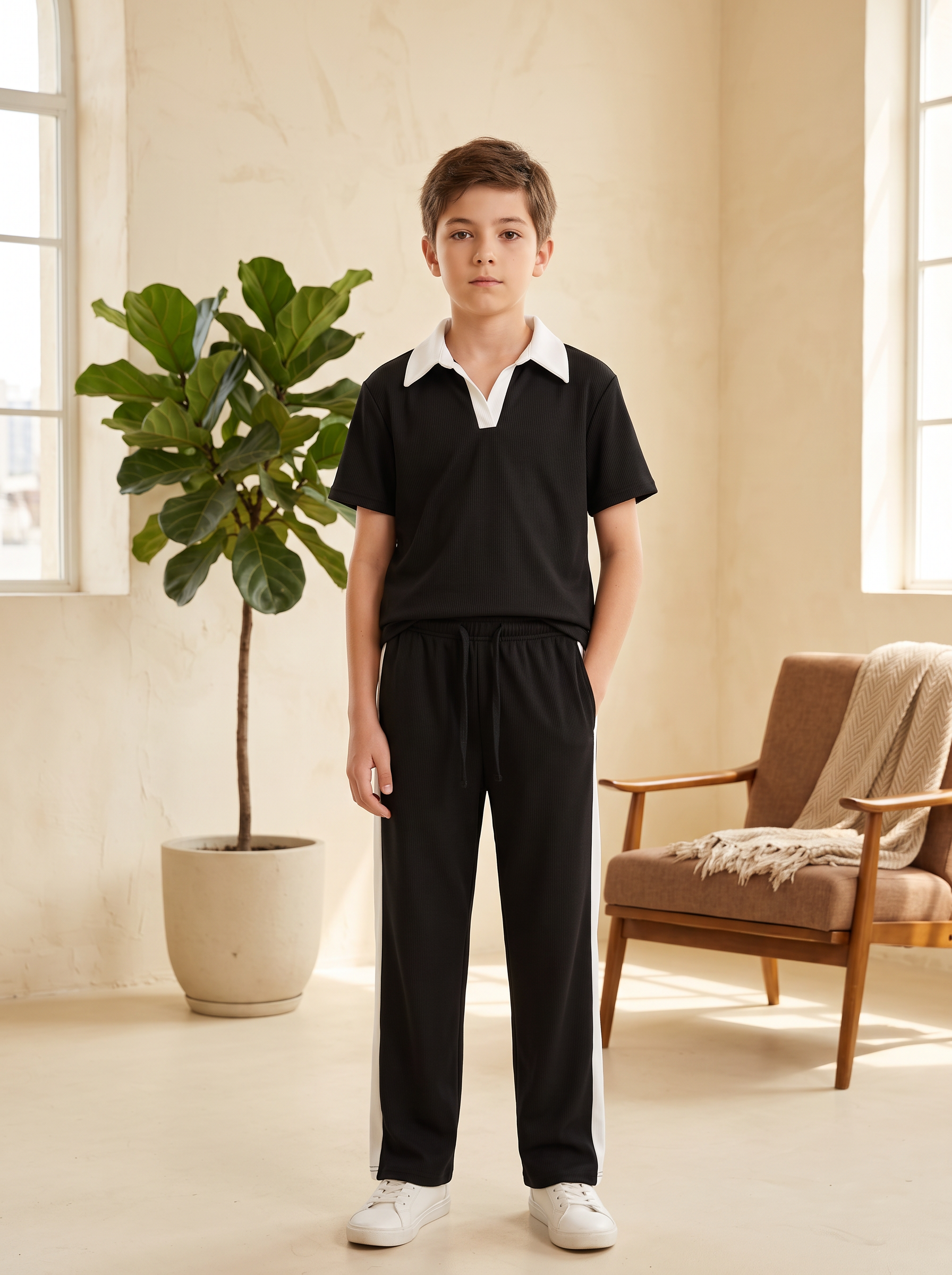 Boys’ Two-Piece Short-Sleeve Polo and Track Pants Lounge Set – Contrast Trim Casual Outfit
