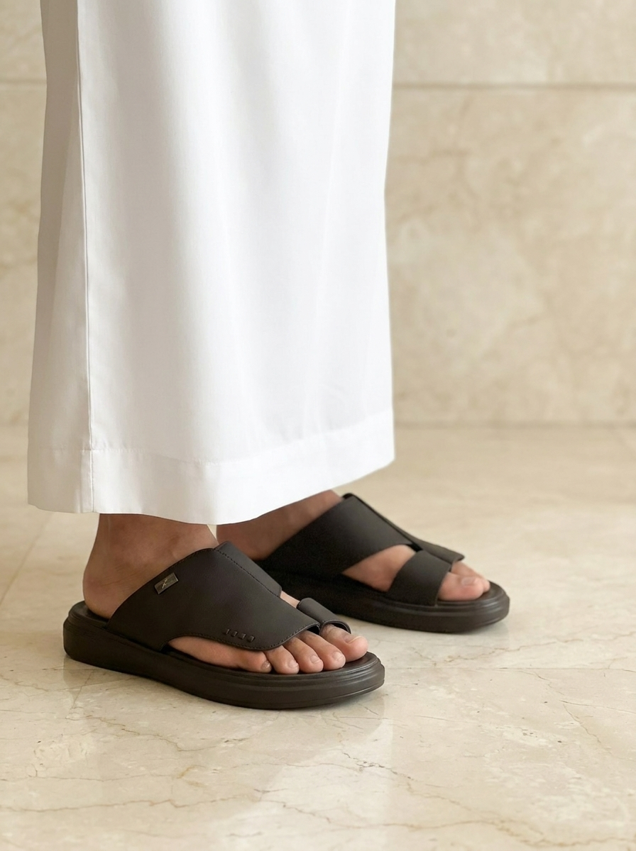 Men's Dark Brown Leather Toe-Ring Arabic Slide Sandals - Comfort Flat Slippers