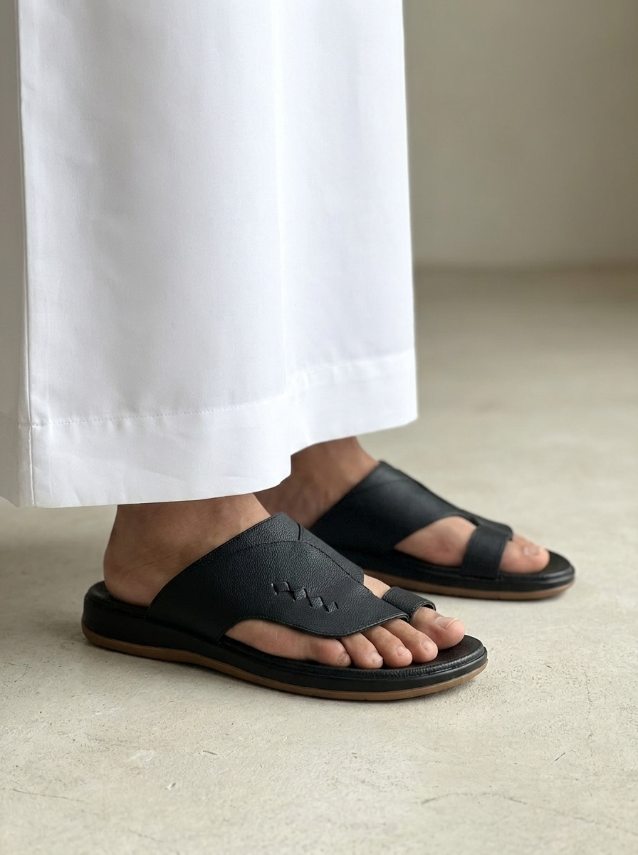 Men's Black Leather Toe-Ring Arabic Slide Sandals - Comfort Flat Slippers
