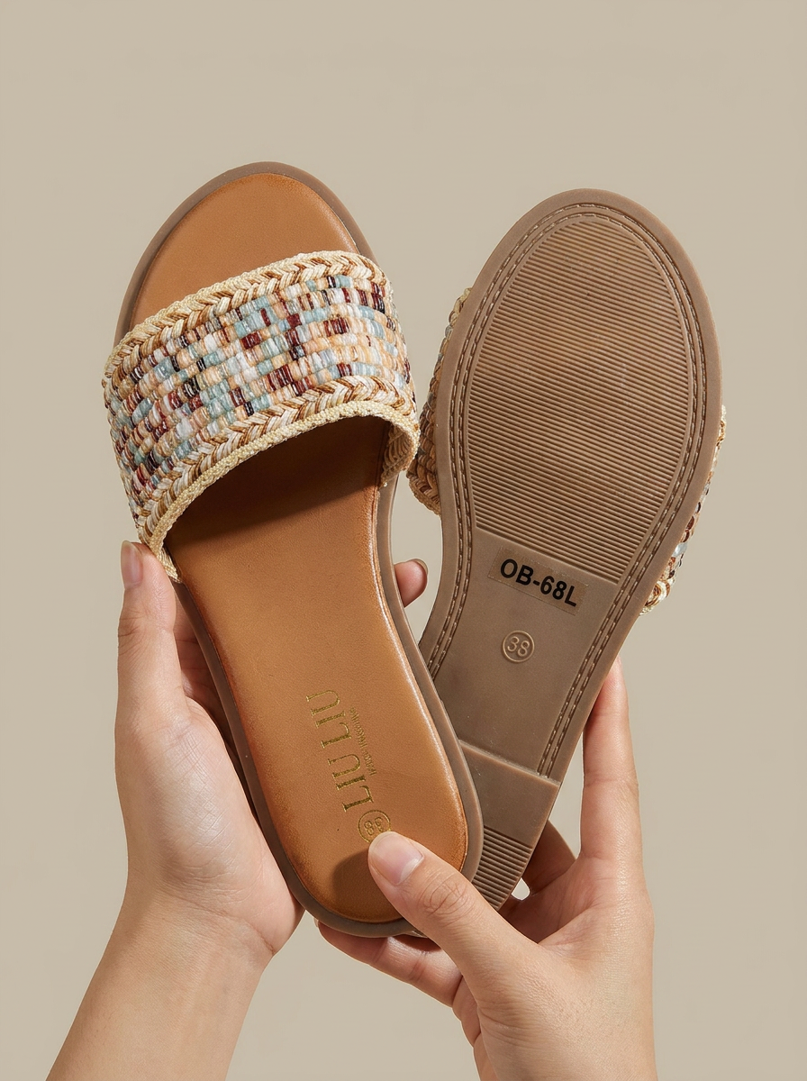 Women's Woven Raffia Flat Slide Sandals - Boho Pattern Open Toe Beach Shoes