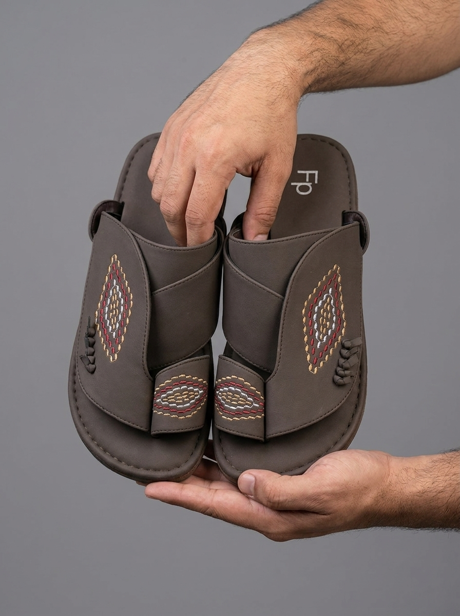 Men's Dark Brown Embroidered Leather Arabic Slide Sandals - Traditional Toe-Loop Slippers