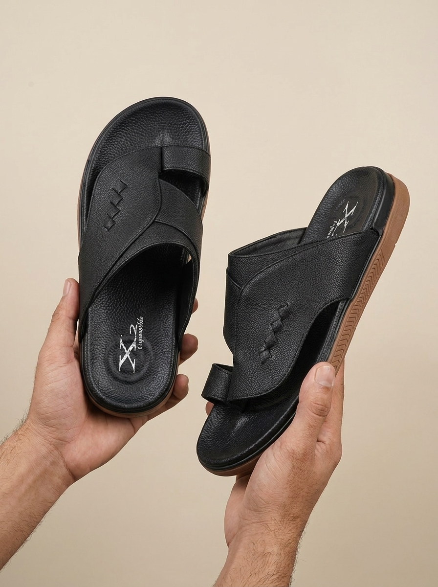 Men's Black Leather Toe-Ring Arabic Slide Sandals - Comfort Flat Slippers