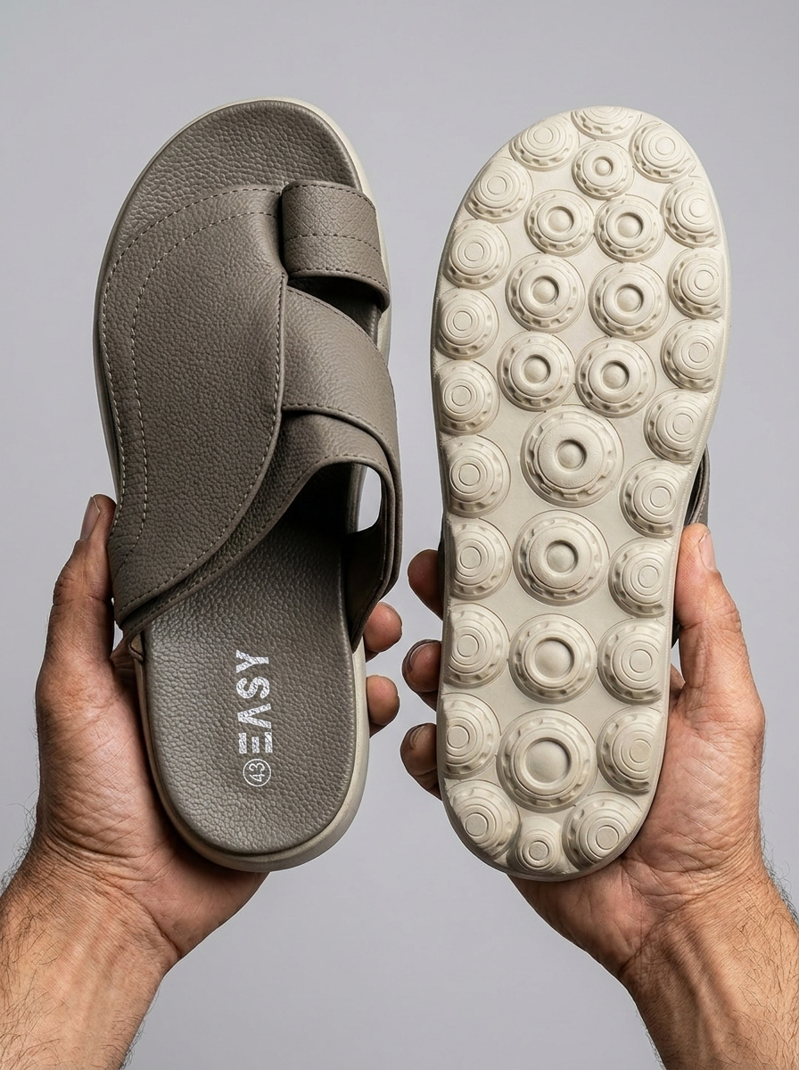 Men's Textured Leather Toe-Loop Arabic Style Slide Sandals - Ergonomic Comfort Sole