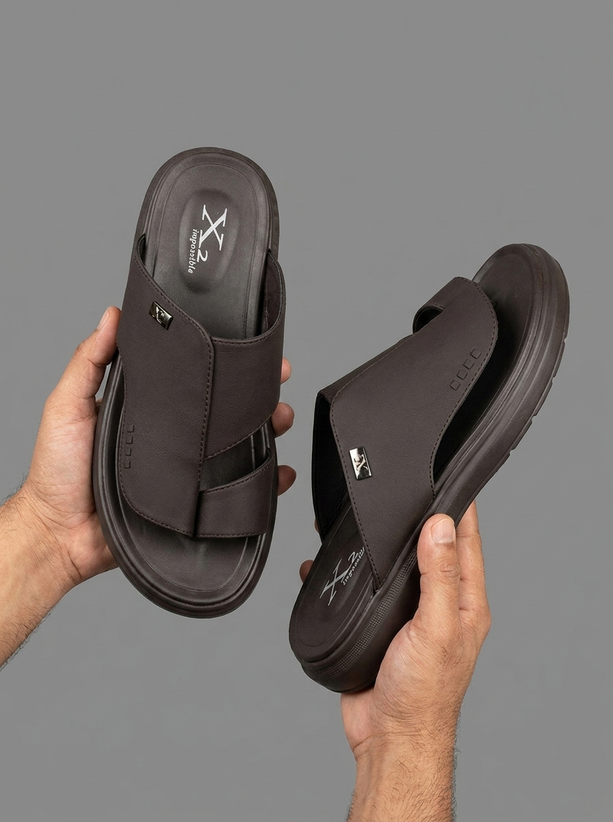 Men's Dark Brown Leather Toe-Ring Arabic Slide Sandals - Comfort Flat Slippers