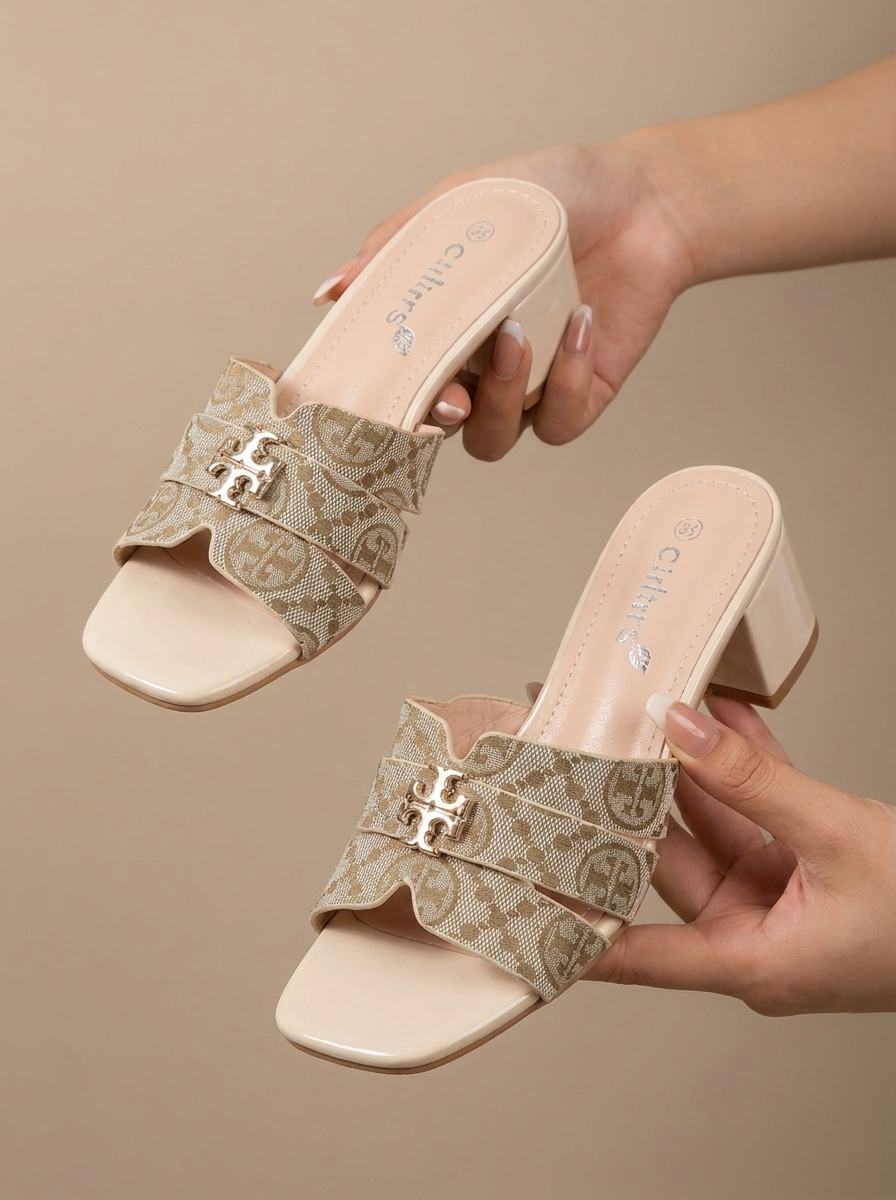 Women's Monogram Canvas Low Block Heel Mule Sandals - Logo Hardware Square Toe Slides