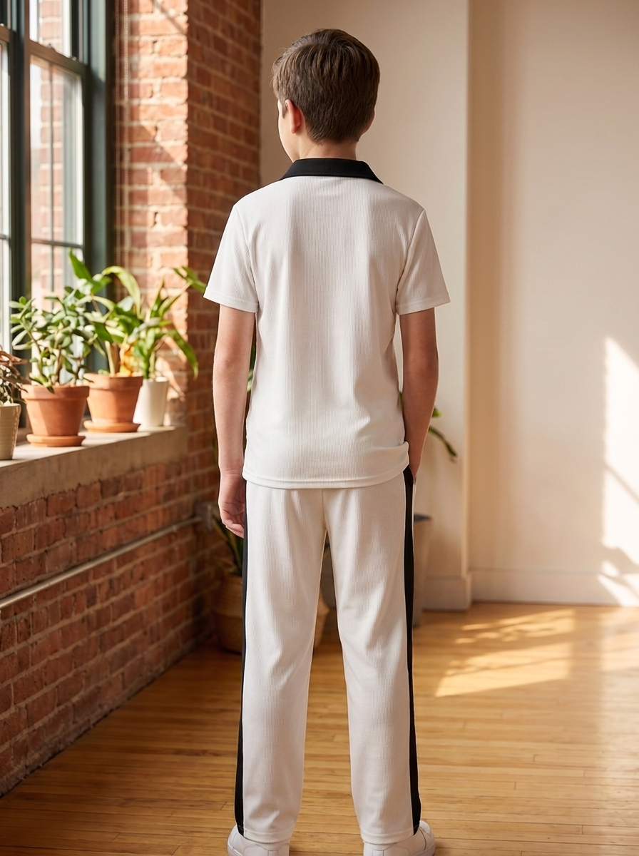 Boys’ Two-Piece Short-Sleeve Polo and Track Pants Lounge Set – Contrast Trim Casual Outfit