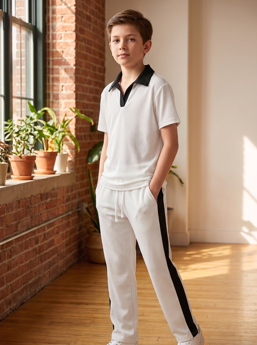 Boys’ Two-Piece Short-Sleeve Polo and Track Pants Lounge Set – Contrast Trim Casual Outfit