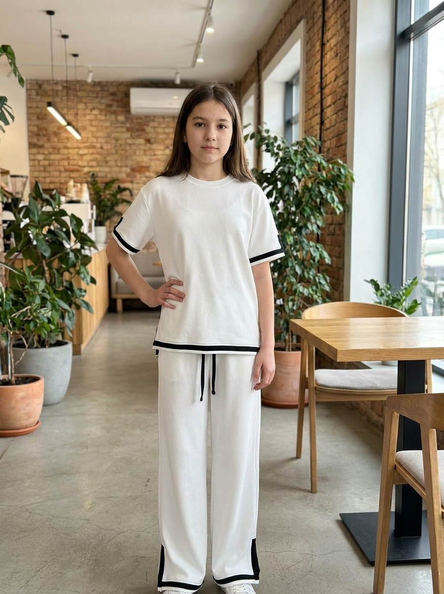 Women’s Two-Piece Short-Sleeve Top and Wide-Leg Pants Lounge Set – White & Black Contrast Trim