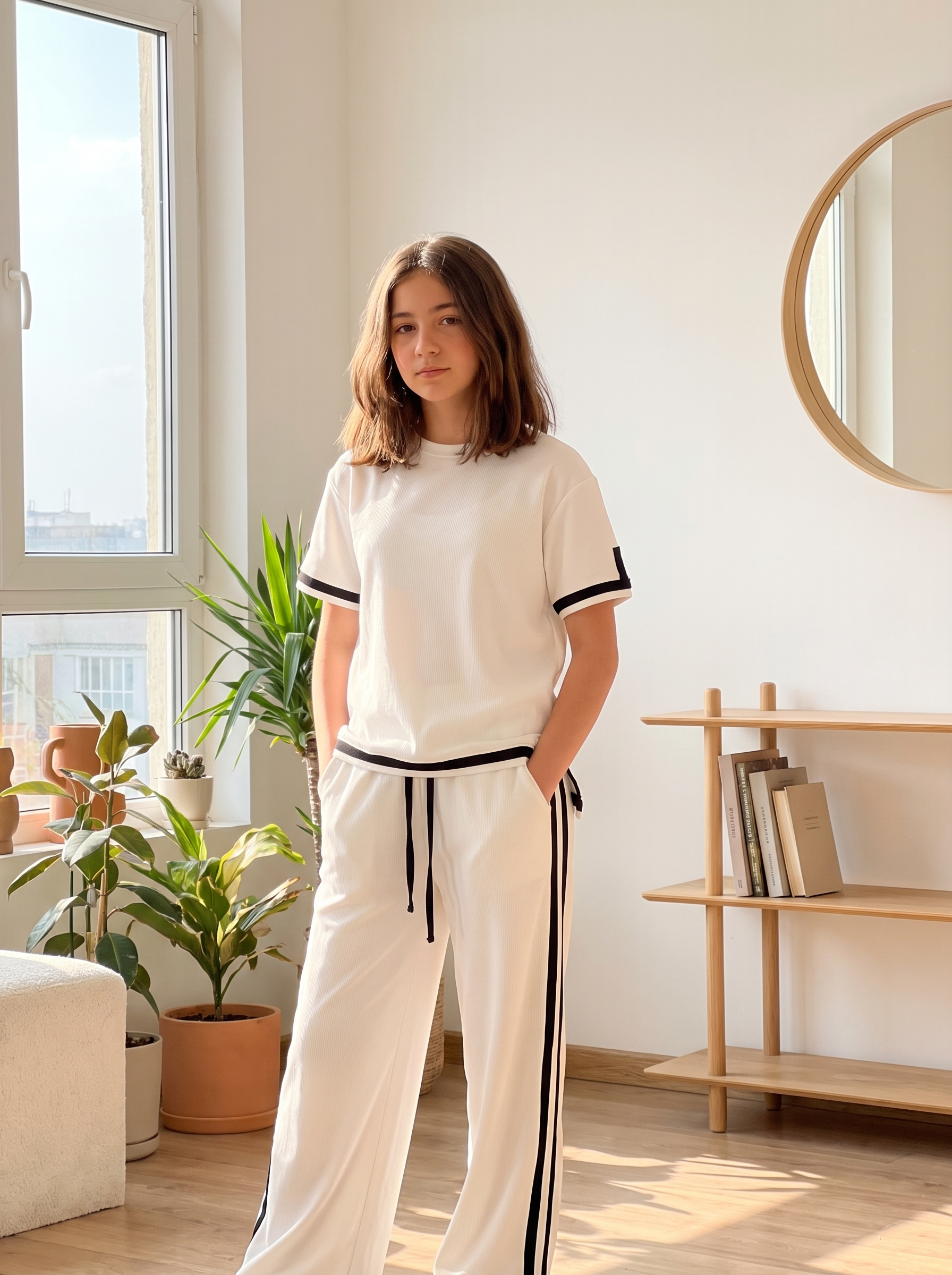 Women’s Two-Piece Short-Sleeve Top and Wide-Leg Pants Lounge Set – White & Black Contrast Trim