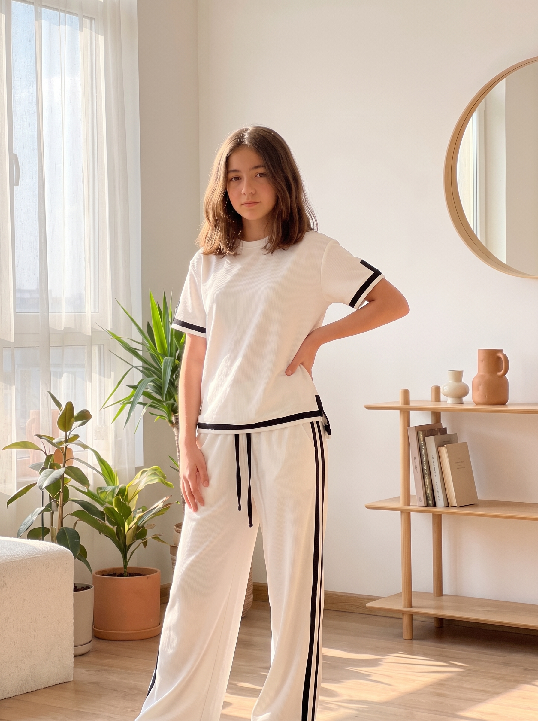 Women’s Two-Piece Short-Sleeve Top and Wide-Leg Pants Lounge Set – White & Black Contrast Trim