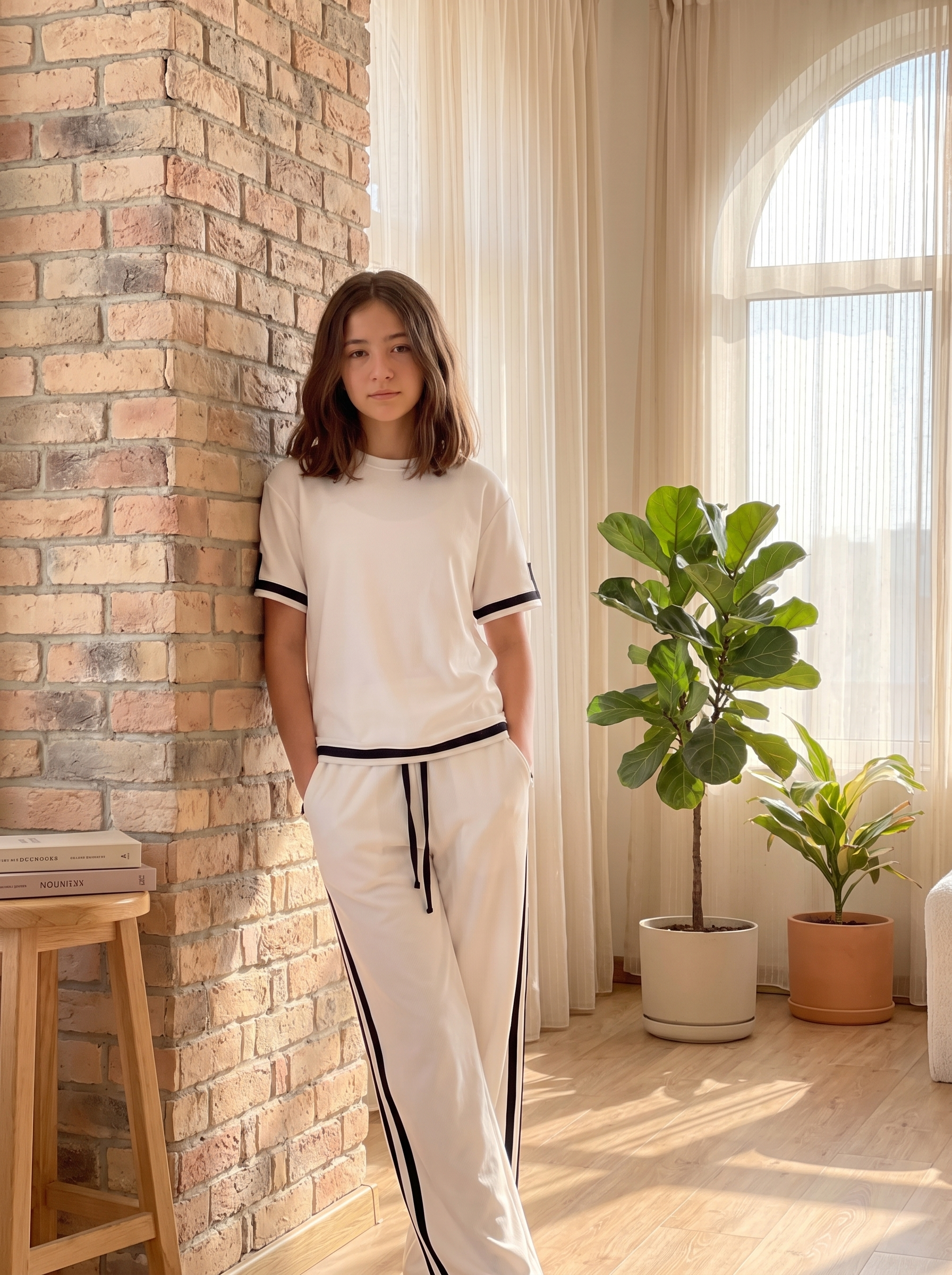 Women’s Two-Piece Short-Sleeve Top and Wide-Leg Pants Lounge Set – White & Black Contrast Trim