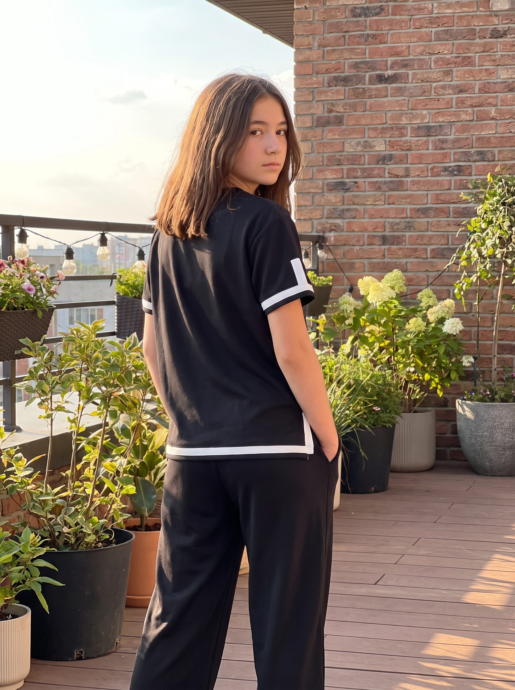Women’s Two-Piece Short-Sleeve Top and Wide-Leg Pants Lounge Set – White & Black Contrast Trim