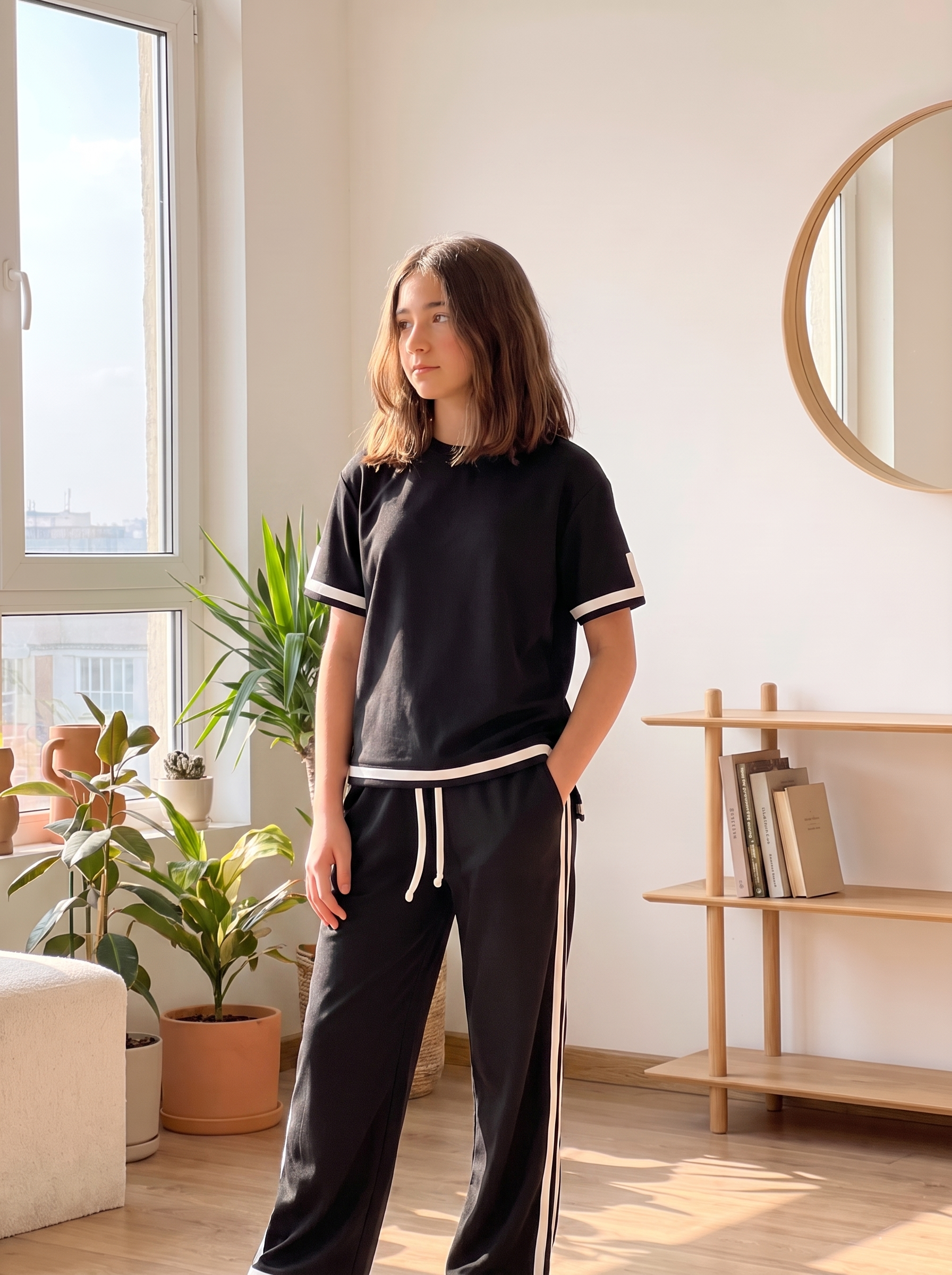 Women’s Two-Piece Short-Sleeve Top and Wide-Leg Pants Lounge Set – White & Black Contrast Trim