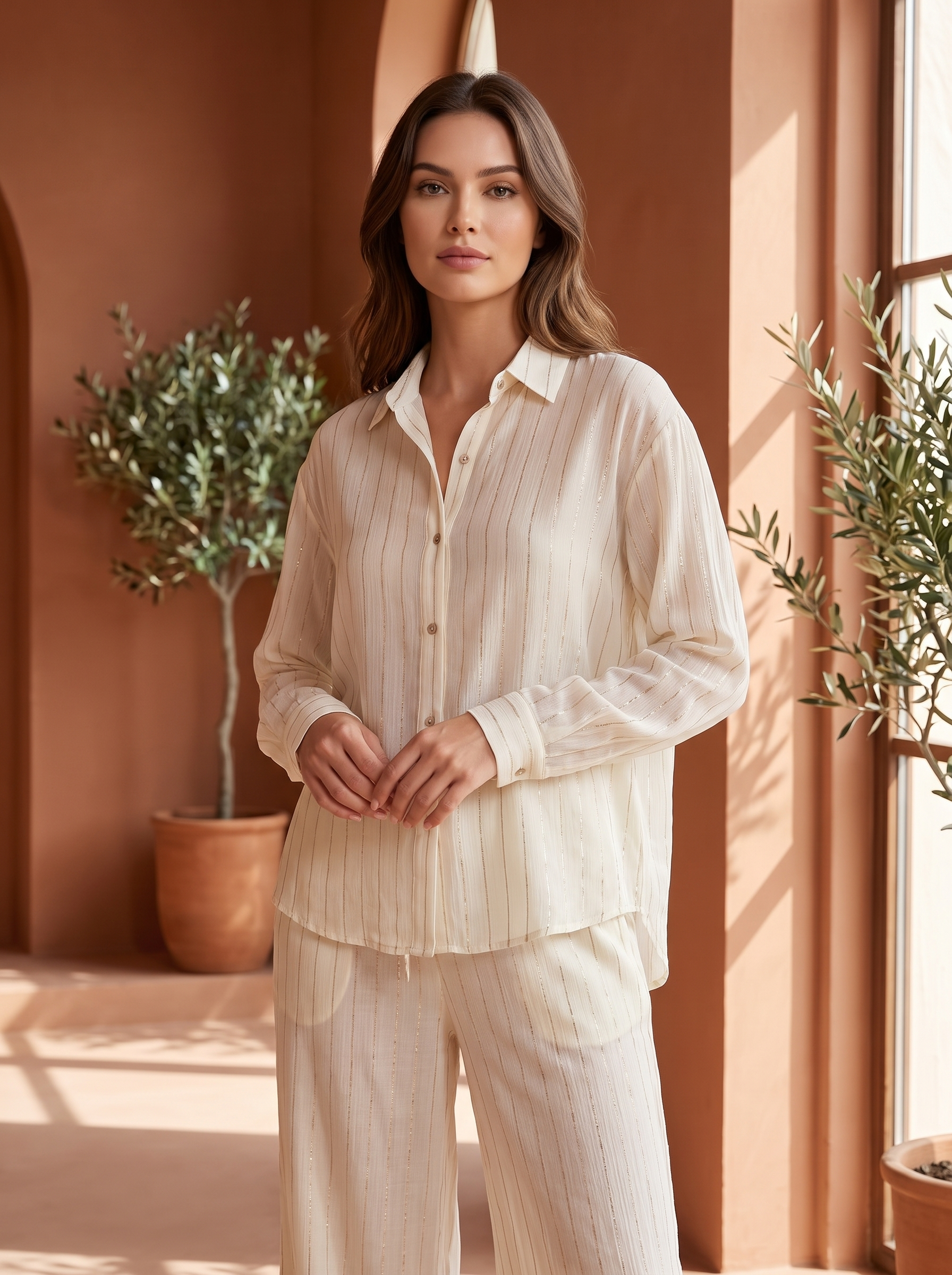 Women's Sheer Pinstripe Two-Piece Loungewear Set – Button-Up Shirt & Wide-Leg Pants