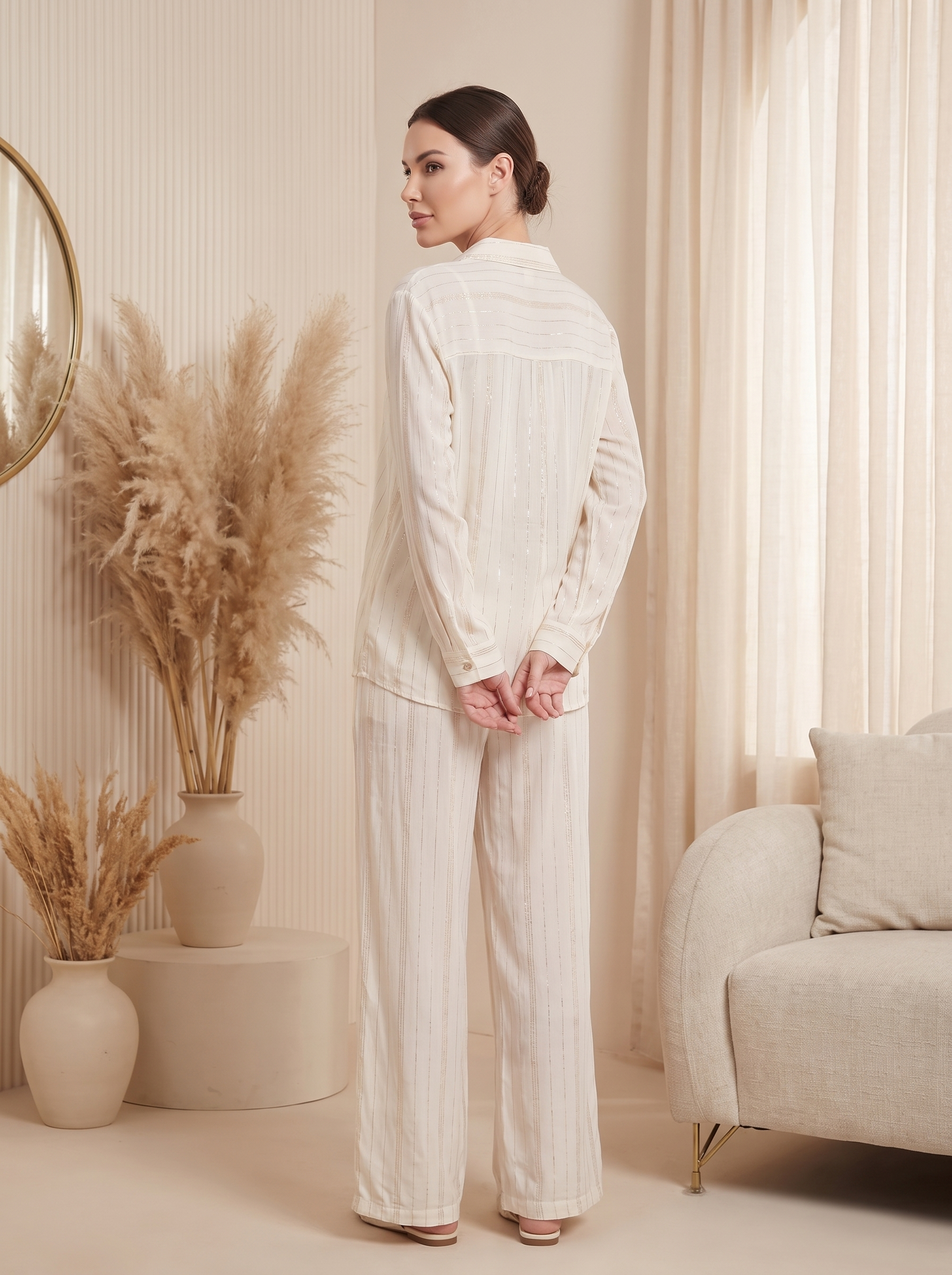 Women's Sheer Pinstripe Two-Piece Loungewear Set – Button-Up Shirt & Wide-Leg Pants