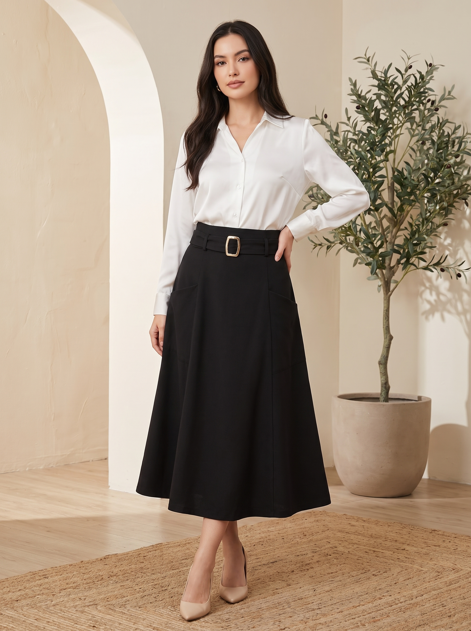 Women's Belted Midi Skirt – High Waist Flared A-Line Casual Skirt with Pockets