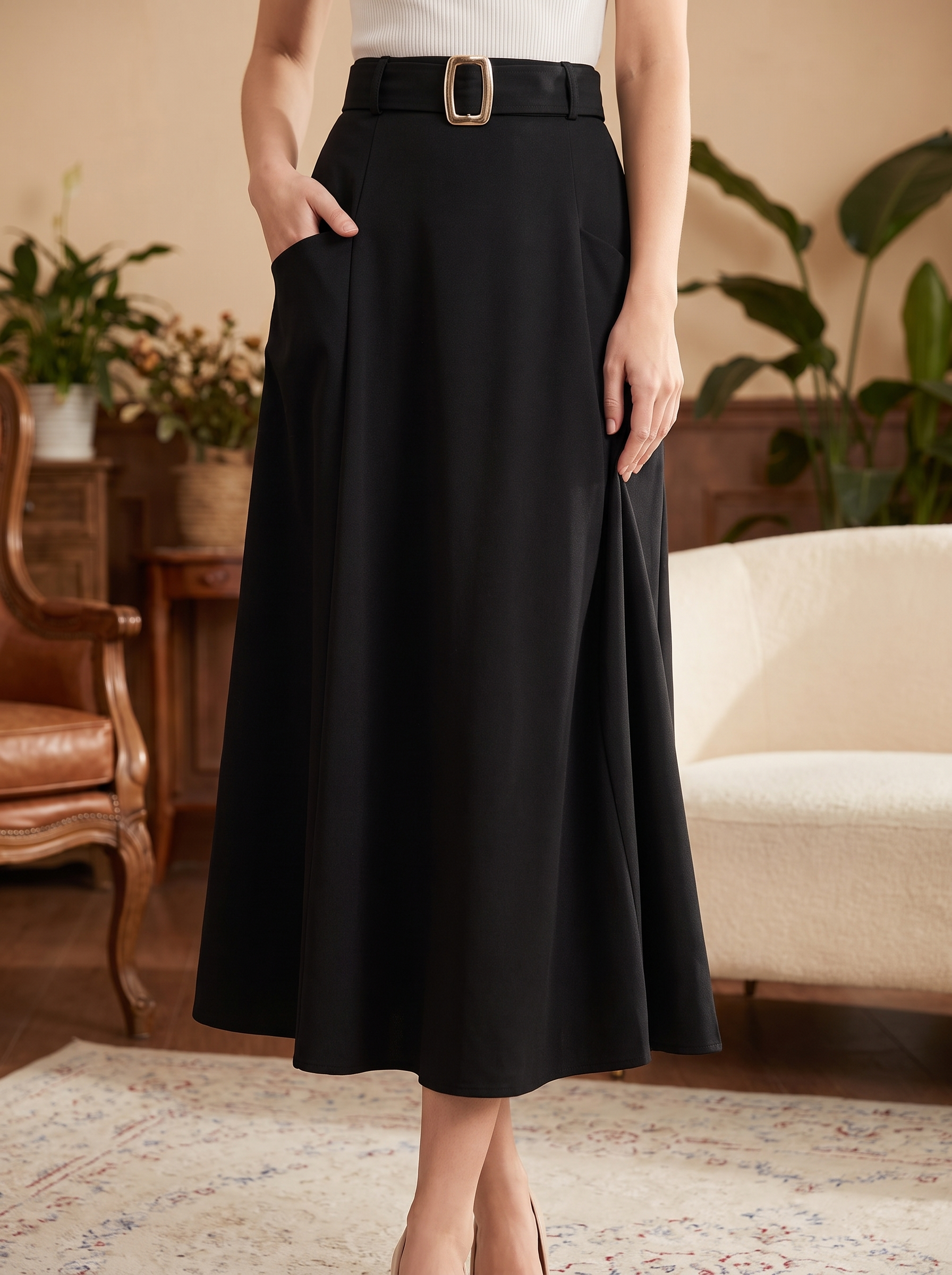 Women's Belted Midi Skirt – High Waist Flared A-Line Casual Skirt with Pockets