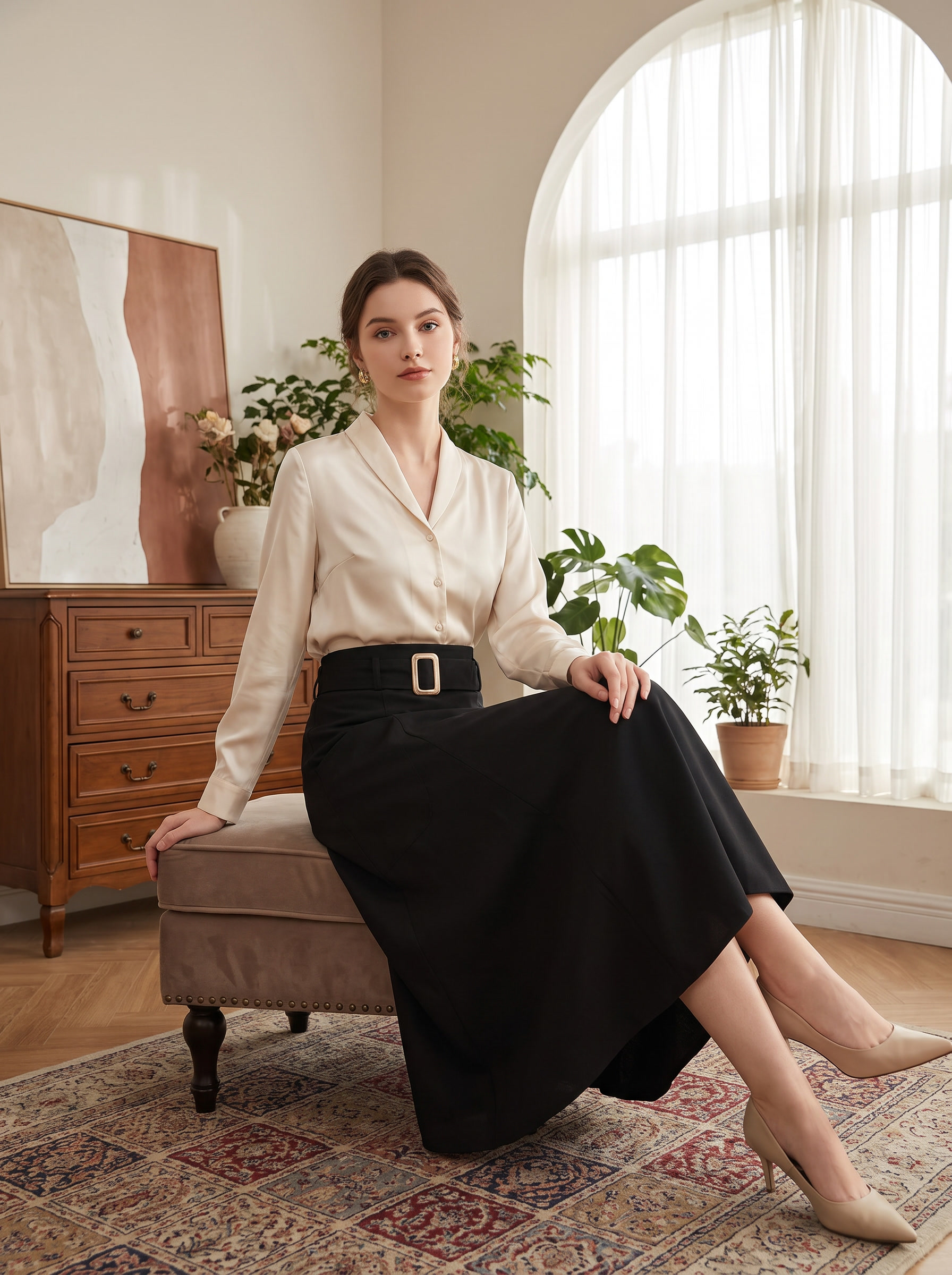 Women's Belted Midi Skirt – High Waist Flared A-Line Casual Skirt with Pockets