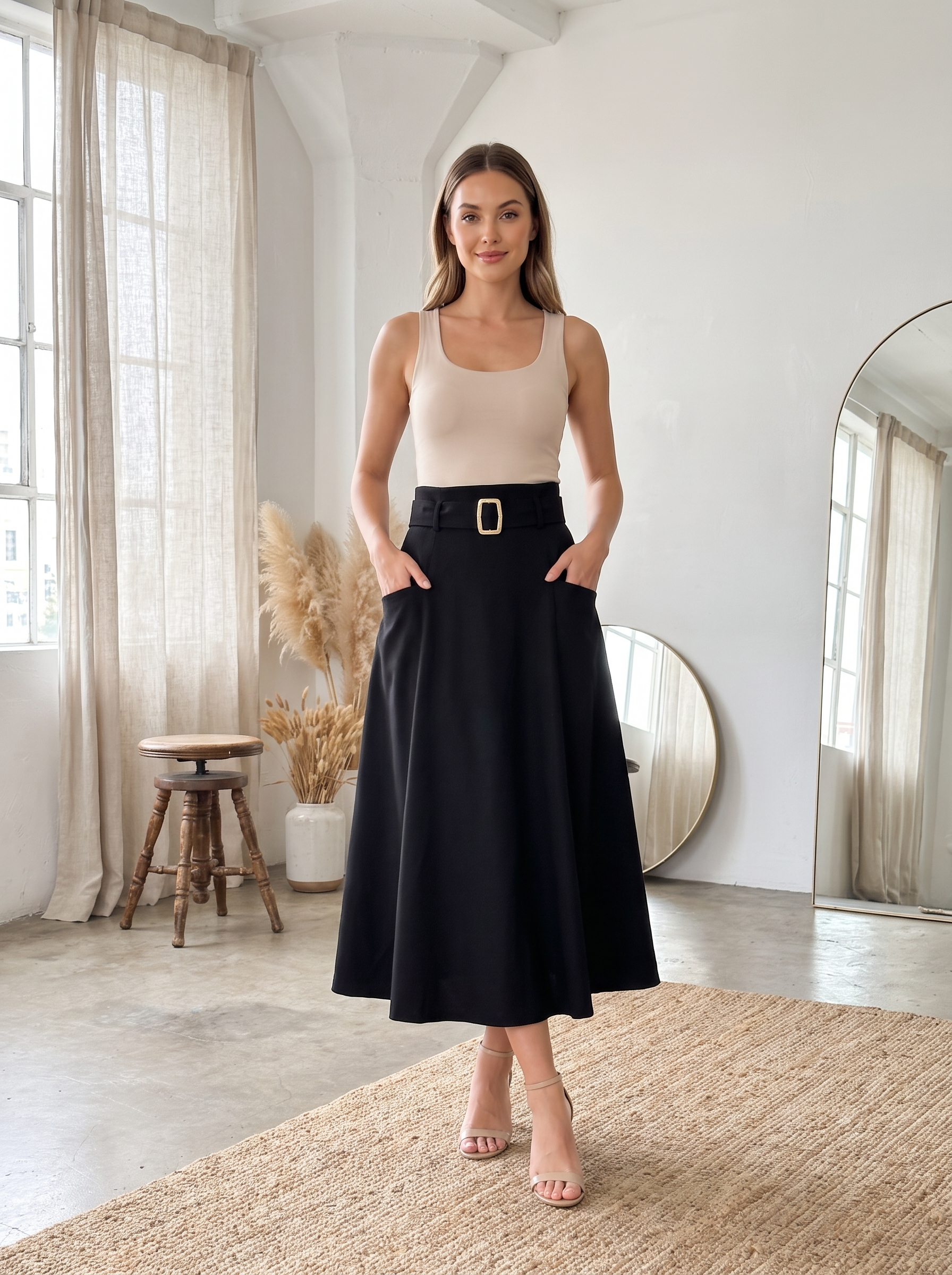 Women's Belted Midi Skirt – High Waist Flared A-Line Casual Skirt with Pockets