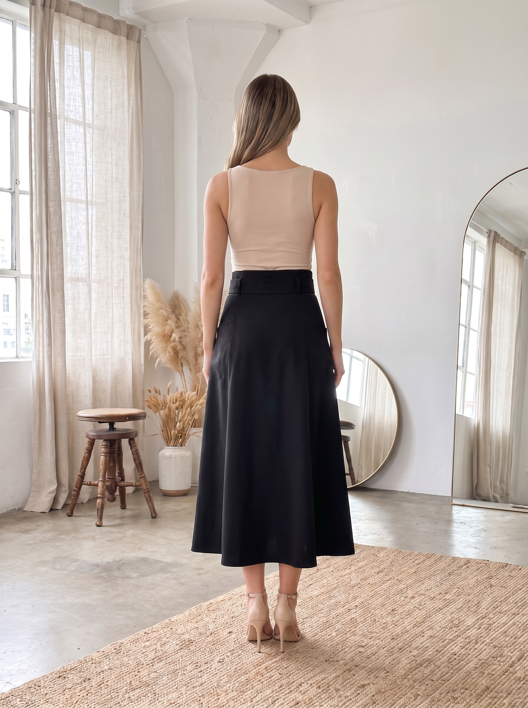 Women's Belted Midi Skirt – High Waist Flared A-Line Casual Skirt with Pockets