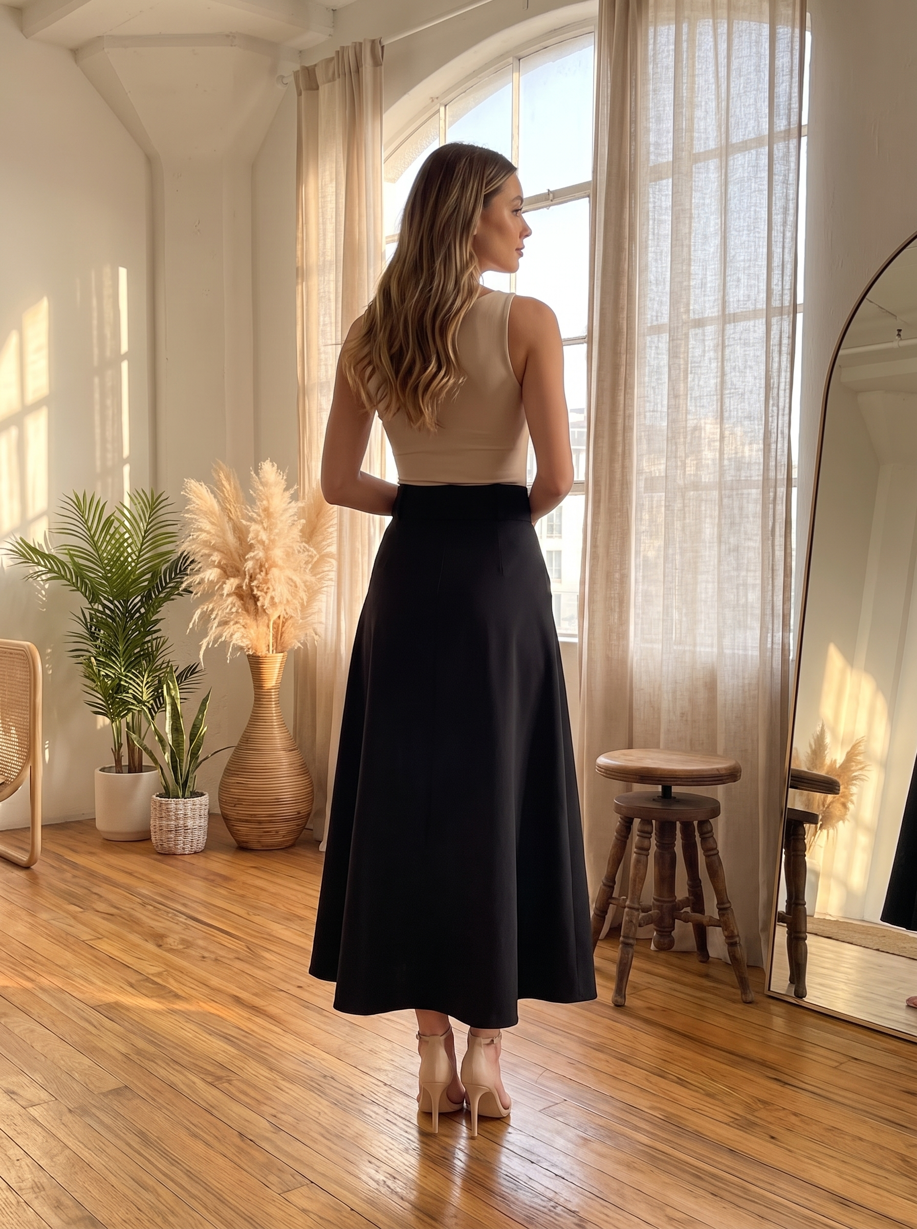 Women's Belted Midi Skirt – High Waist Flared A-Line Casual Skirt with Pockets