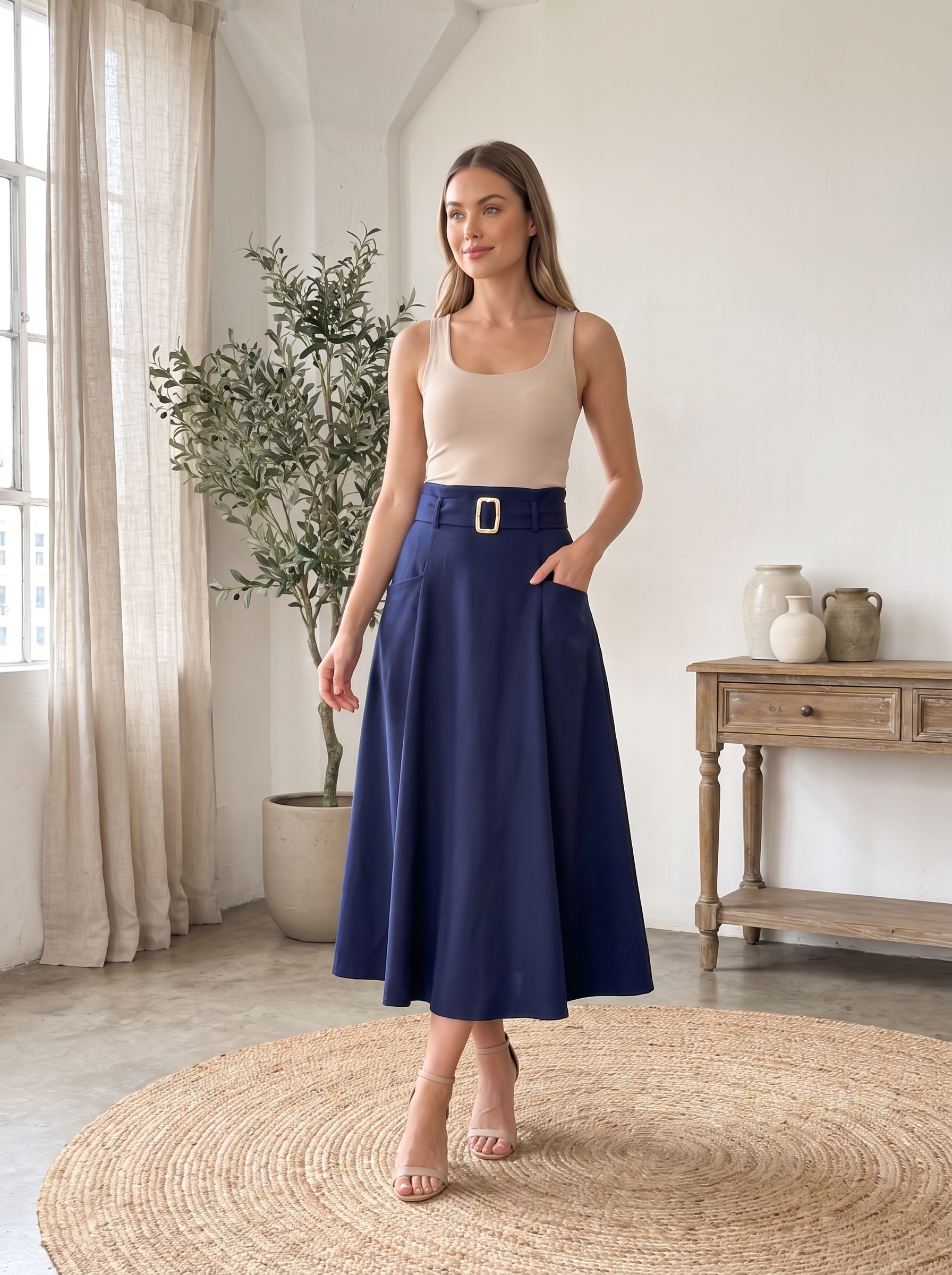 Women's Belted Midi Skirt – High Waist Flared A-Line Casual Skirt with Pockets