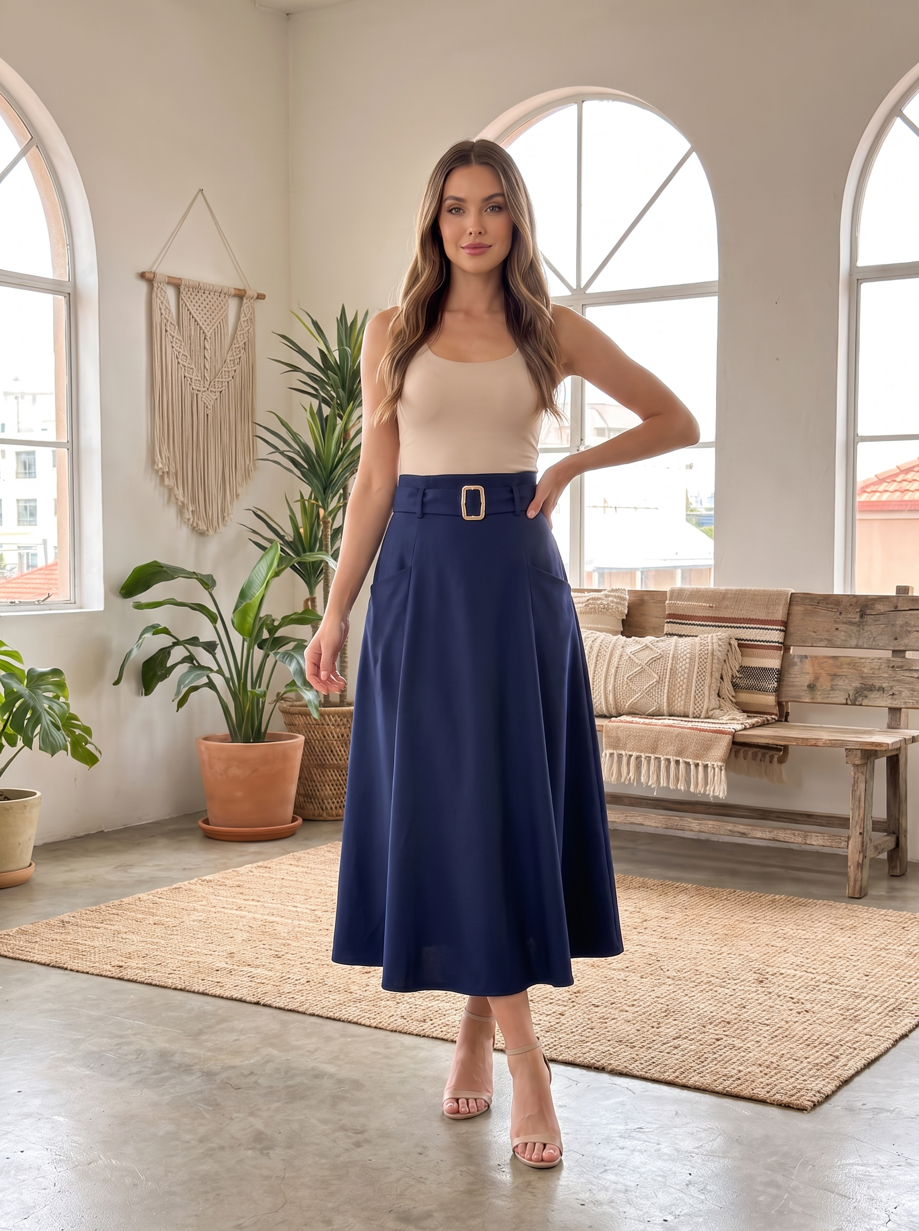 Women's Belted Midi Skirt – High Waist Flared A-Line Casual Skirt with Pockets