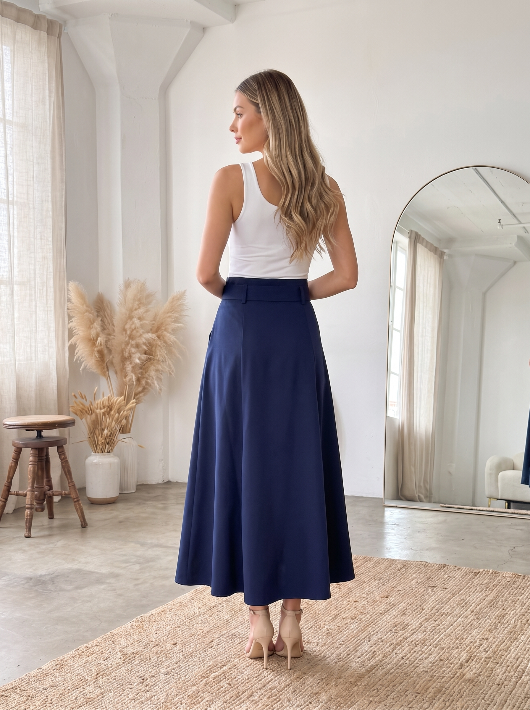 Women's Belted Midi Skirt – High Waist Flared A-Line Casual Skirt with Pockets