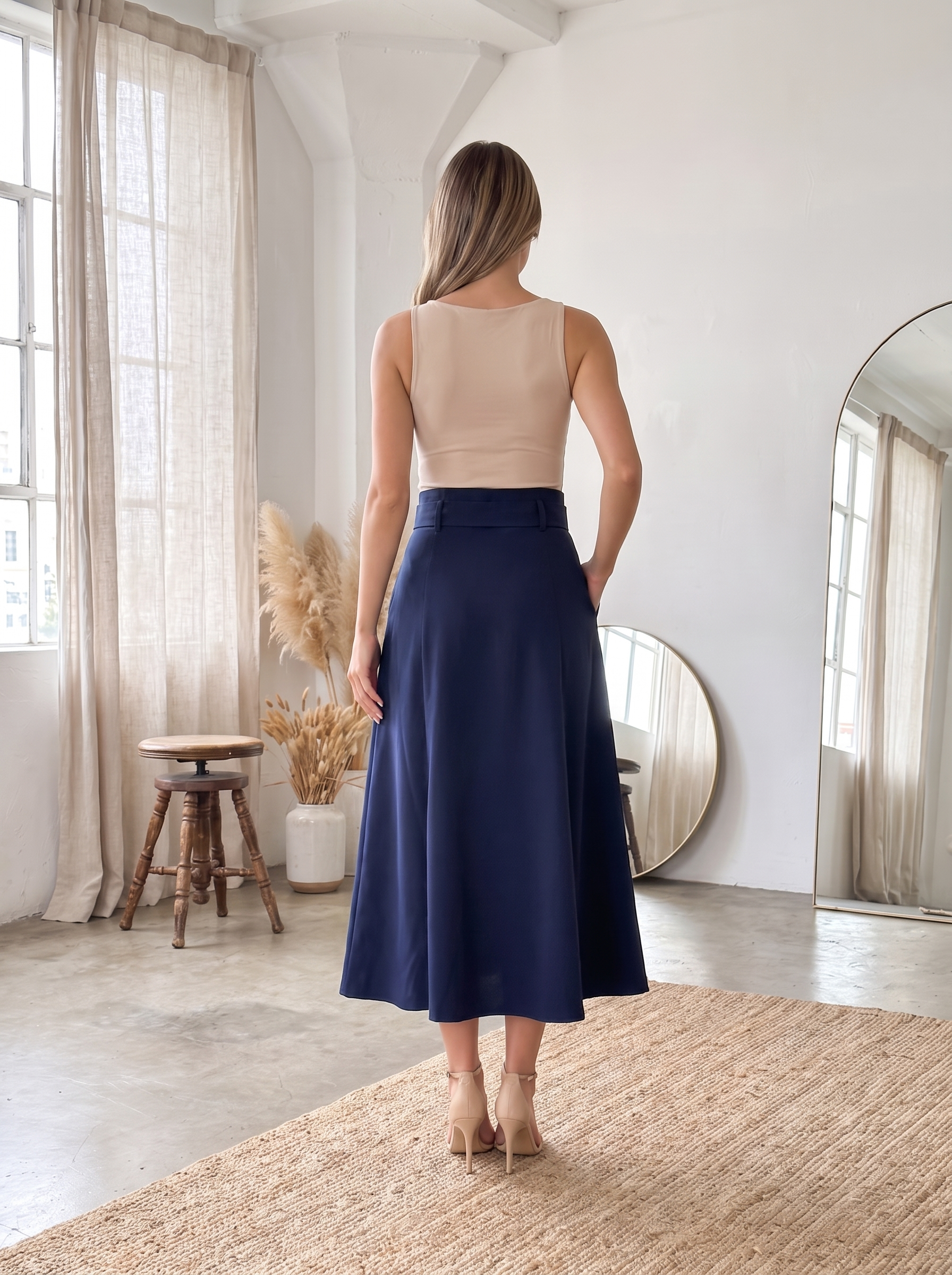 Women's Belted Midi Skirt – High Waist Flared A-Line Casual Skirt with Pockets