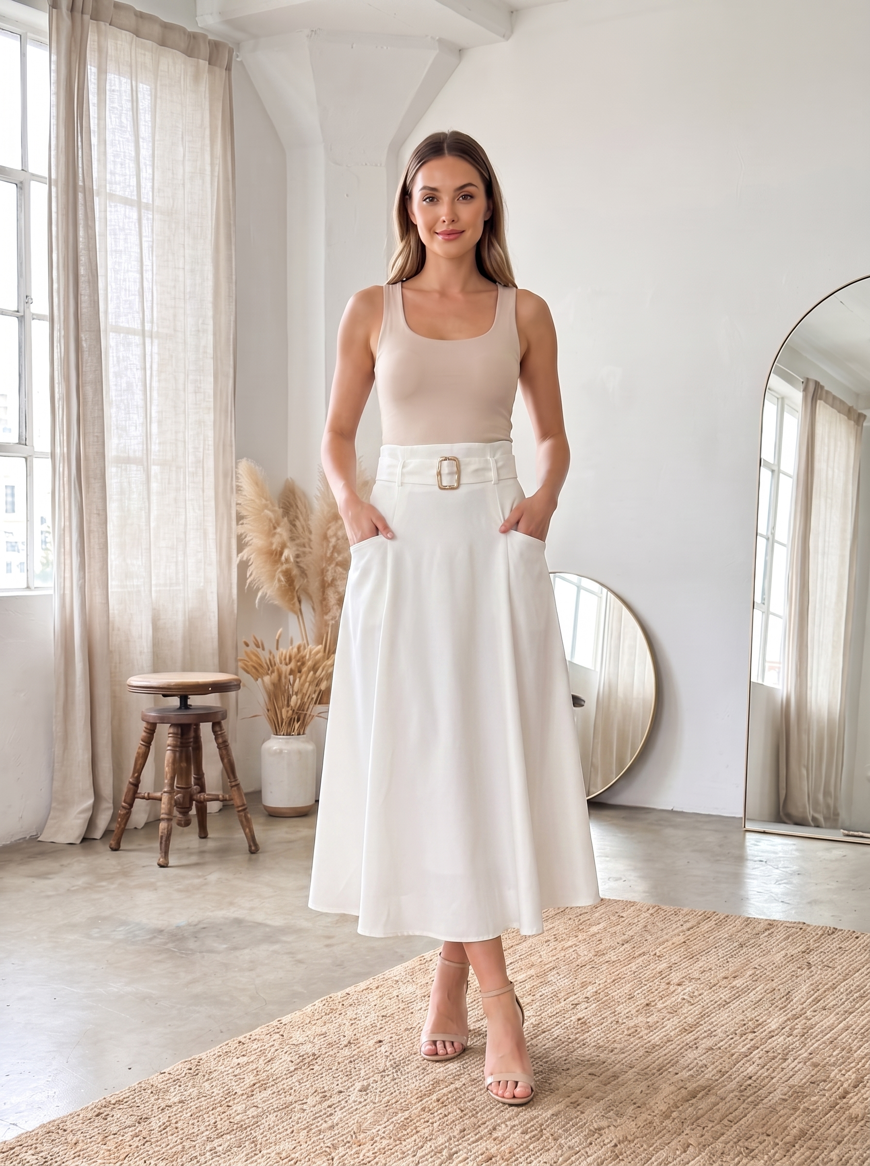 Women's Belted Midi Skirt – High Waist Flared A-Line Casual Skirt with Pockets