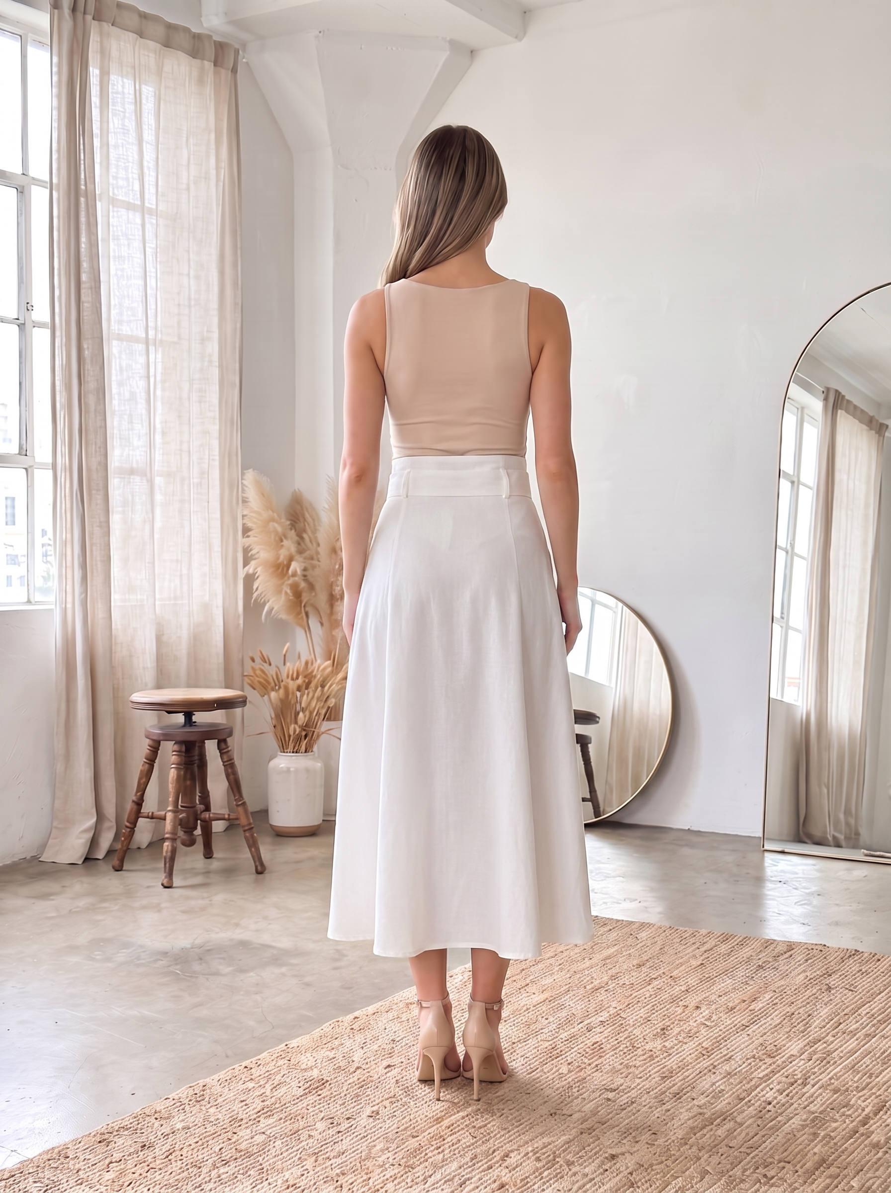 Women's Belted Midi Skirt – High Waist Flared A-Line Casual Skirt with Pockets