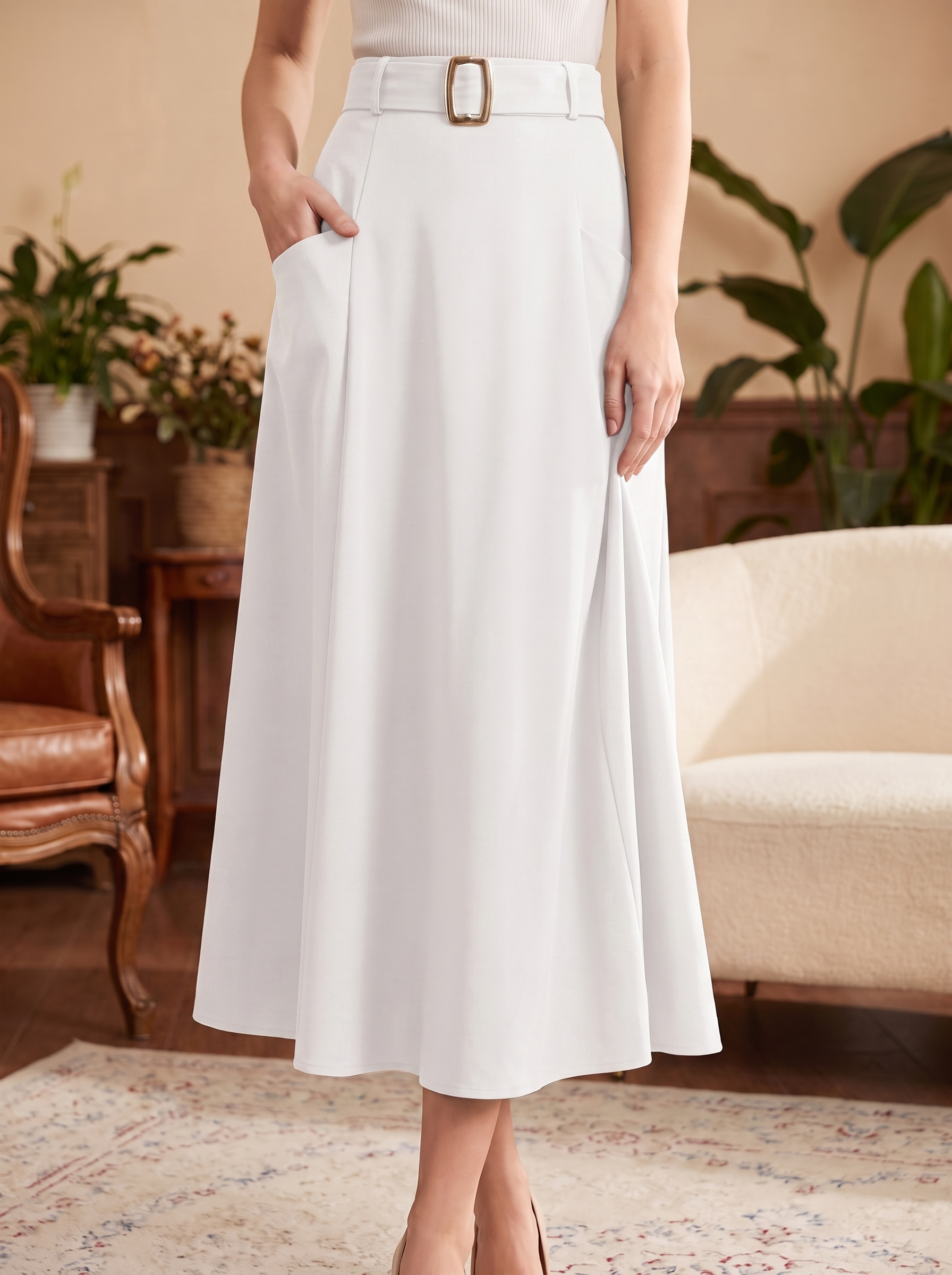 Women's Belted Midi Skirt – High Waist Flared A-Line Casual Skirt with Pockets