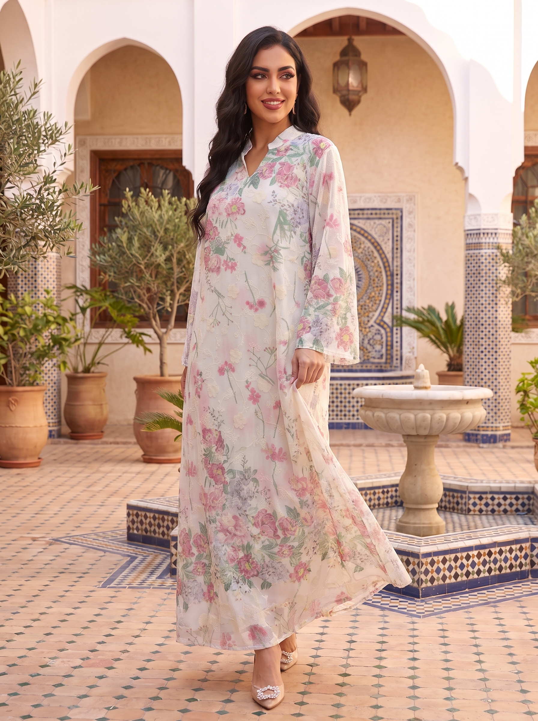 Women’s White & Pink Floral Print Maxi Kaftan Dress – Elegant Long-Sleeve Festive Abaya