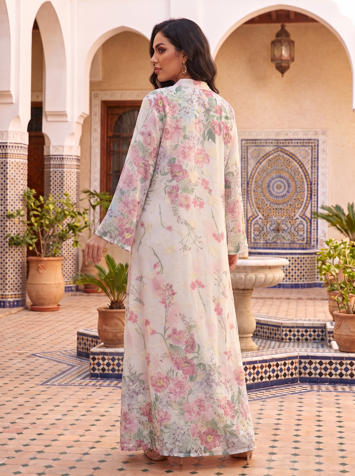 Women’s White & Pink Floral Print Maxi Kaftan Dress – Elegant Long-Sleeve Festive Abaya