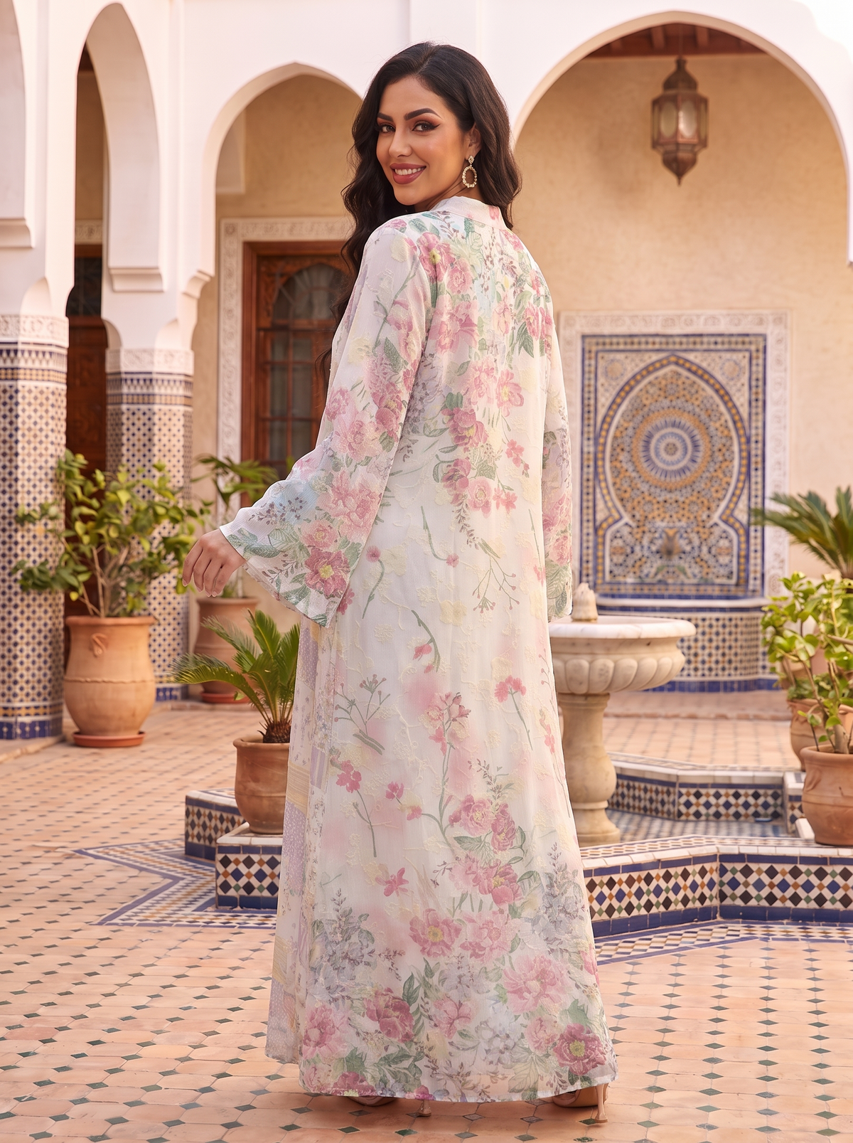 Women’s White & Pink Floral Print Maxi Kaftan Dress – Elegant Long-Sleeve Festive Abaya