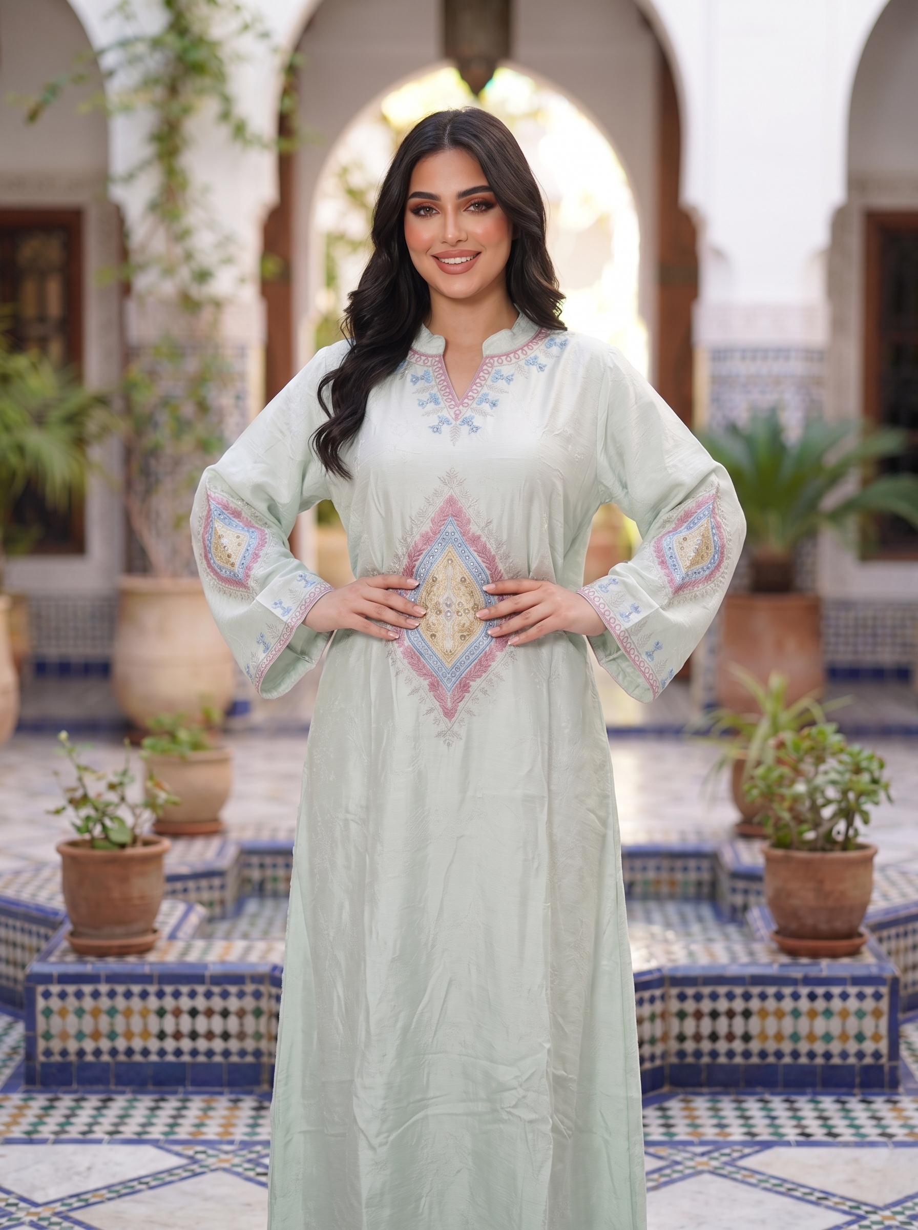 Women’s Light Green Geometric Embroidered Maxi Kaftan Dress – Elegant Long-Sleeve Festive Abaya