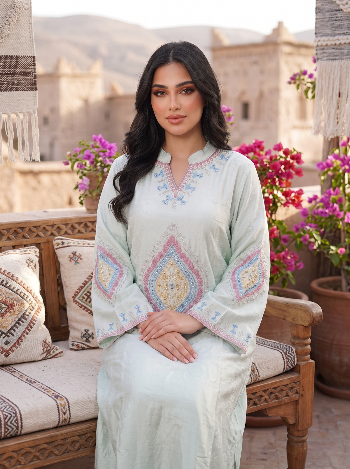 Women’s Light Green Geometric Embroidered Maxi Kaftan Dress – Elegant Long-Sleeve Festive Abaya